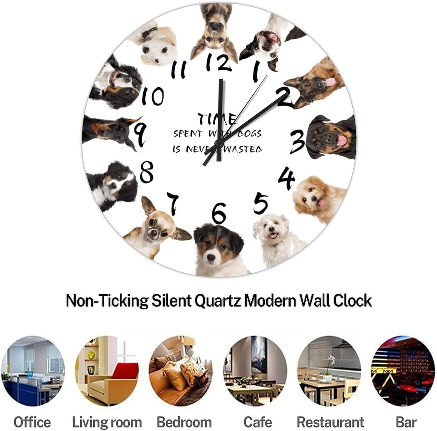 Vintage Round Wood Clock Time Spent with Dogs is Never Wasted Farmhouse Wooden Wall Clock 15 Inch Silent Non-Ticking Battery Operated Clock for Living Room Office Wall Art for Home Decor