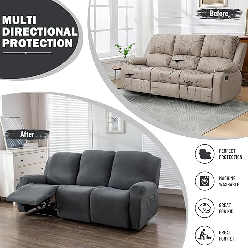 Miniatura 5 de vctops Fundas repelentes al agua para sofá reclinable de 8 piezas, diseño de hojas jacquard, elásticas, suaves para sofá reclinable de 3 cojines,