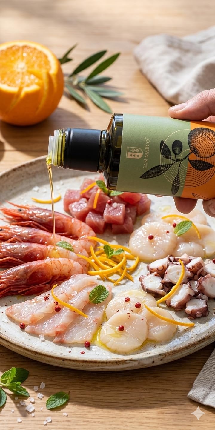 San Marco - Olio extra vergine di oliva all'arancia. Condimento artigianale di arance e olive- bottiglia vetro scuro 250 ml. - 100% italiano – Ideale sul pesce crudo e in pasticceria