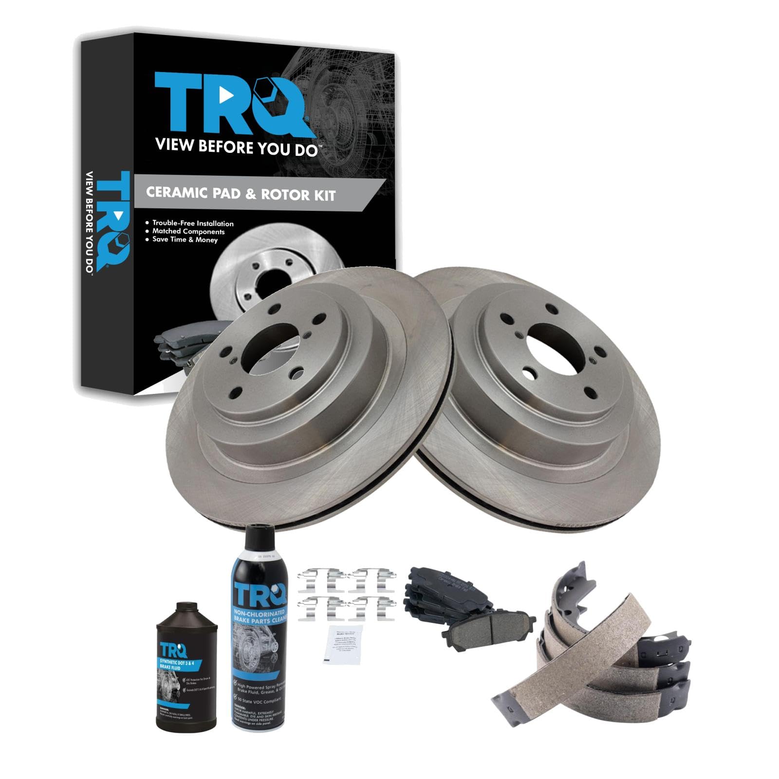 TRQ Rear Brake Pad &amp; Rotor Kit, with Chemical Kit Parking Brake Shoe Set Ceramic Compatible with 2006-2007 Subaru Impreza