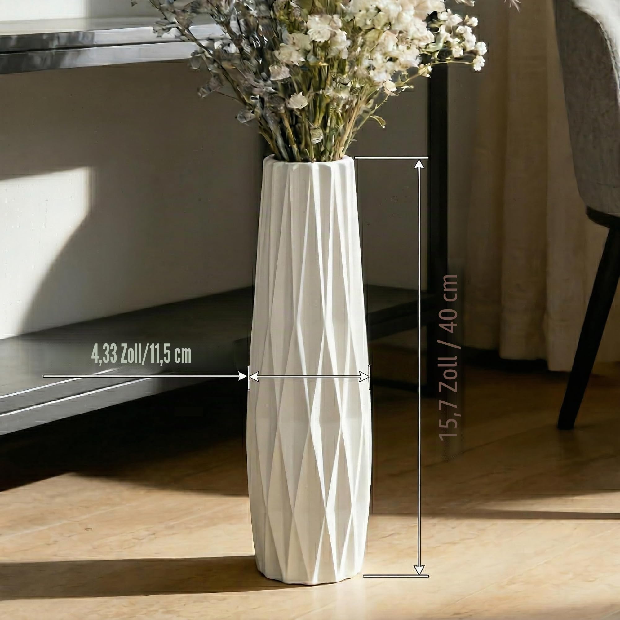 TDIAVH Weiße hohe Keramik-Bodenvase, 40 cm, geripptes Design