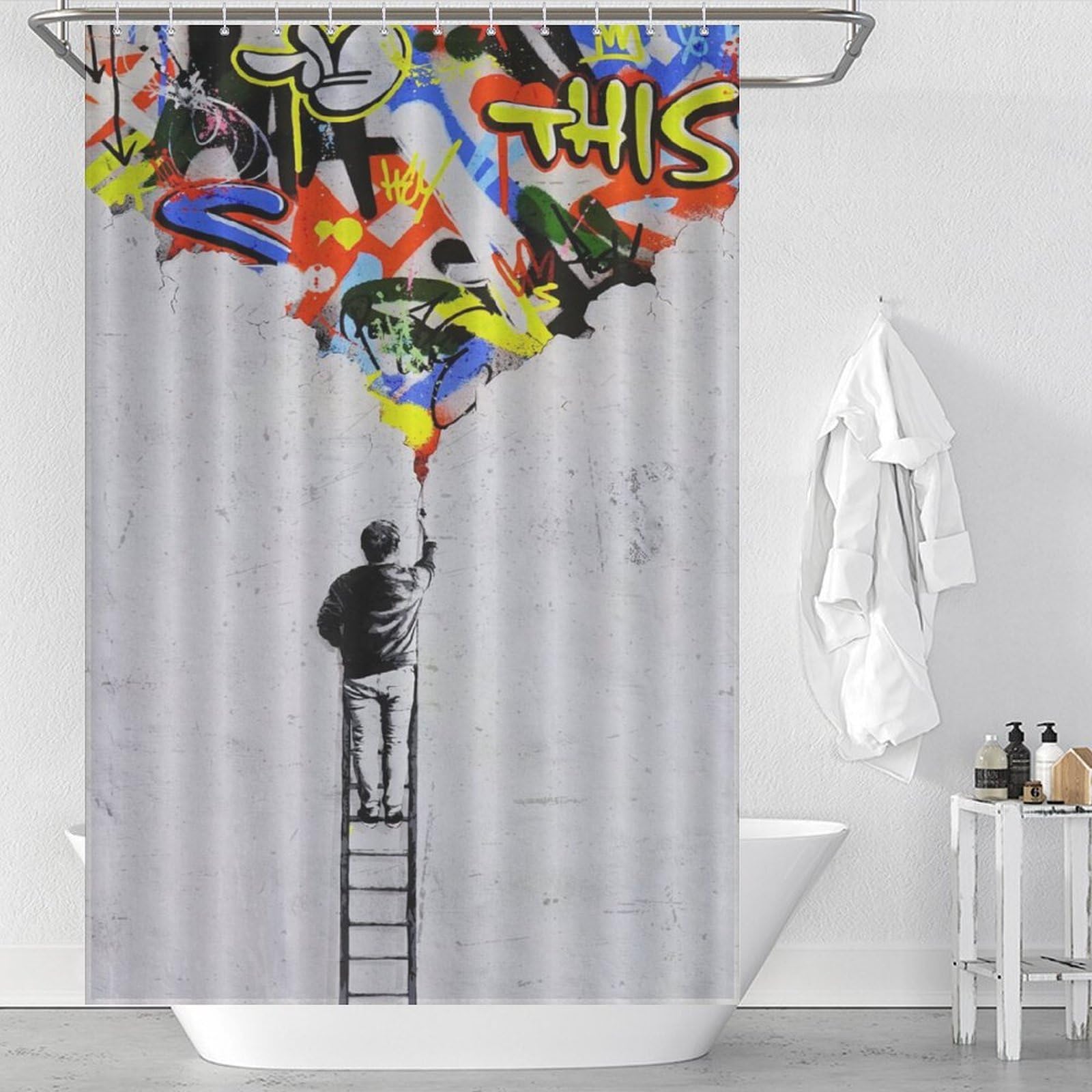 Rideau de douche imperméable graffiti moderne en tissu pour salle d'eau