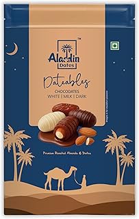 Aladdin Dates Dateables Assorted Chocodates 250g | Milk, Dark & White Chocolate Coated Dates | Filled with Crunchy Roasted Price In India