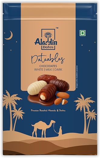 Aladdin Dates Dateables Assorted Chocodates 250g | Milk, Dark & White Chocolate Coated Dates | Filled with Crunchy Roasted...