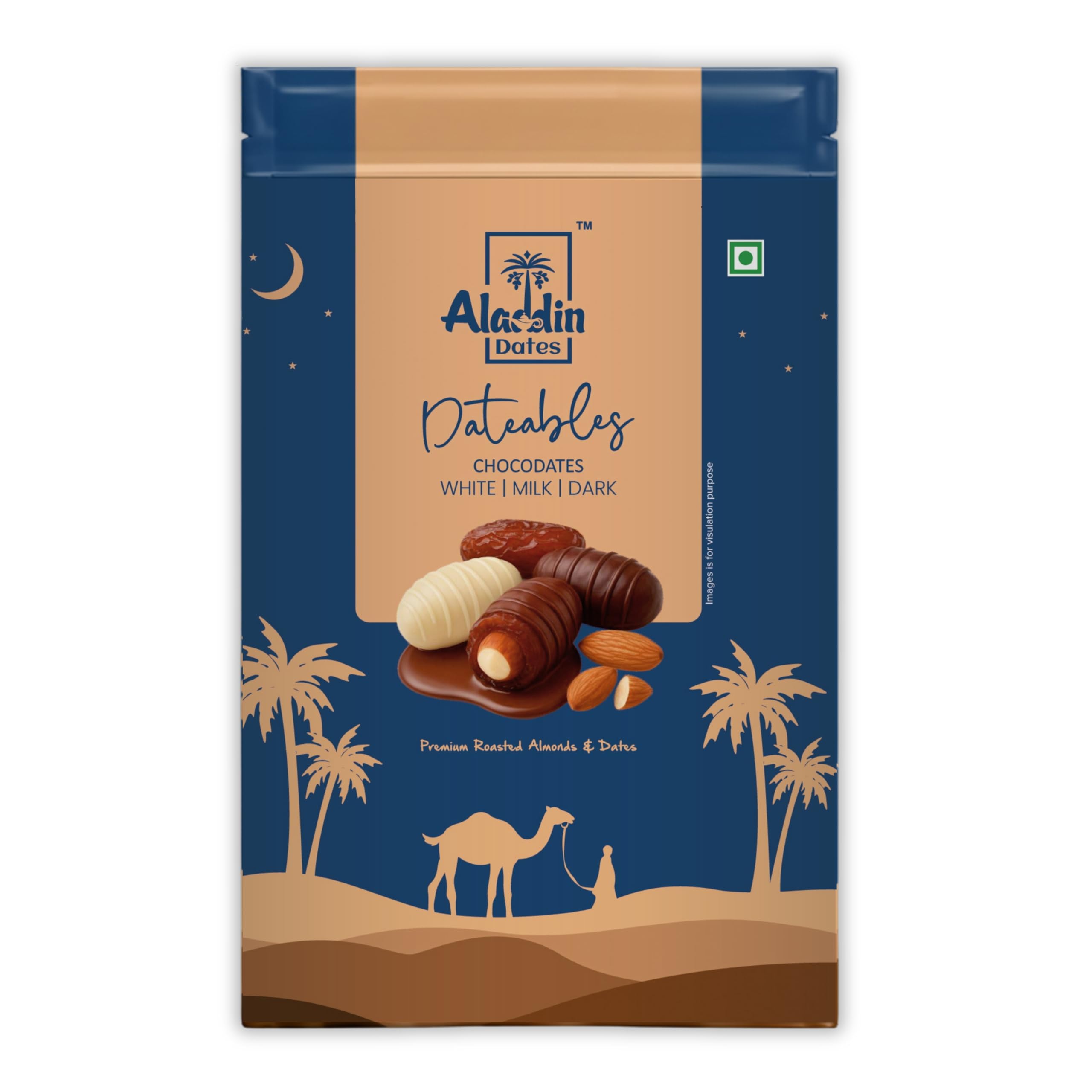 Aladdin Dates Dateables Assorted Chocodates 250g | Milk, Dark & White Chocolate Coated Dates | Filled with Crunchy Roasted Almonds | Dry Fruit Chocolate Pack-image-35