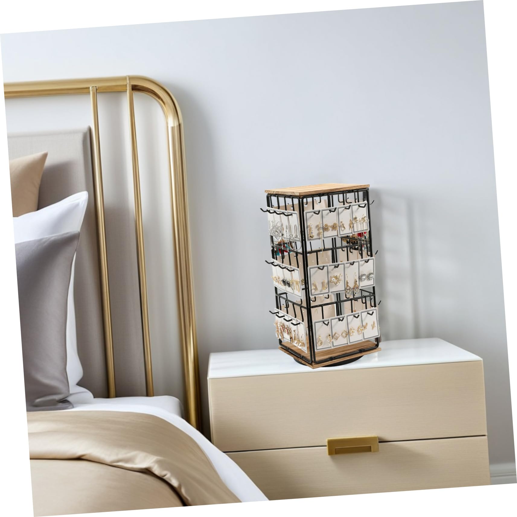 Espositore Organizzatore Multifunzionale Design Rotante a 360° in Legno Marrone per Orecchini per Gioielli e Anelli per Decorazione Casa e Vanity