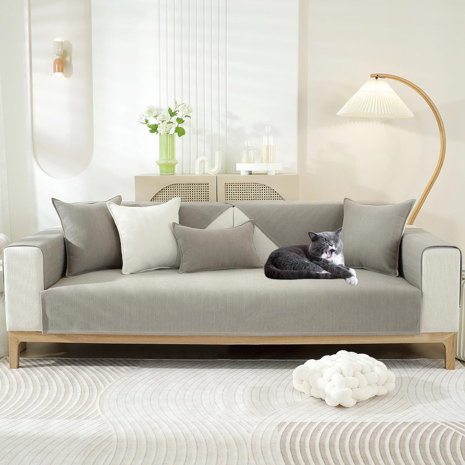 OKYUK Sofa Cover 1 2 3 Seater Herringbone Chenille Fabric Furniture Protector, Non Slip Sofa Slipcovers for Corner L Shape, Cosy Solid Colour Non-Slip Couch Cover for Pets Kids (Grey, 45x45cm)
