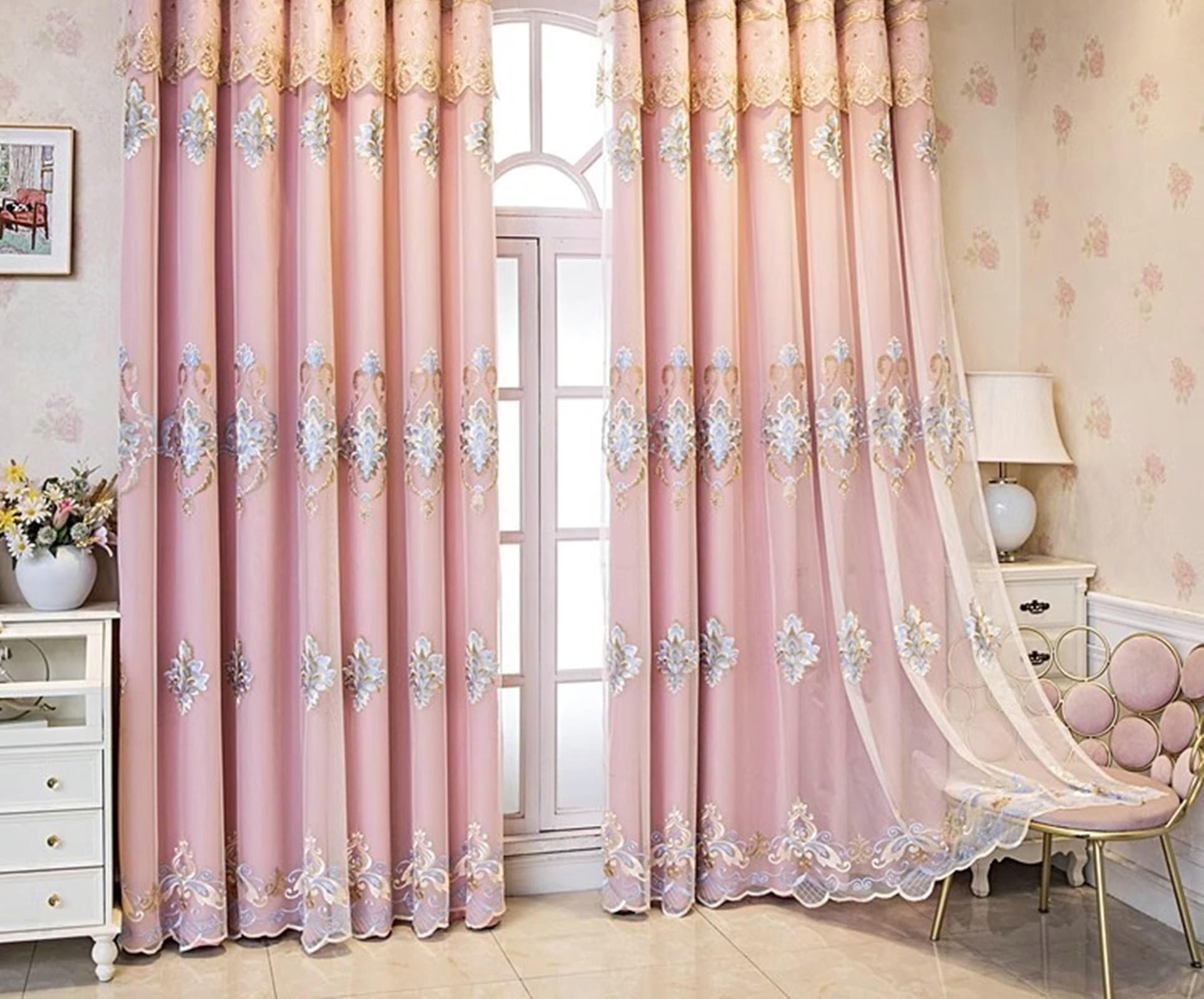 Rideaux occultants pour salon moderne et chambre rose brodé Beydodo
