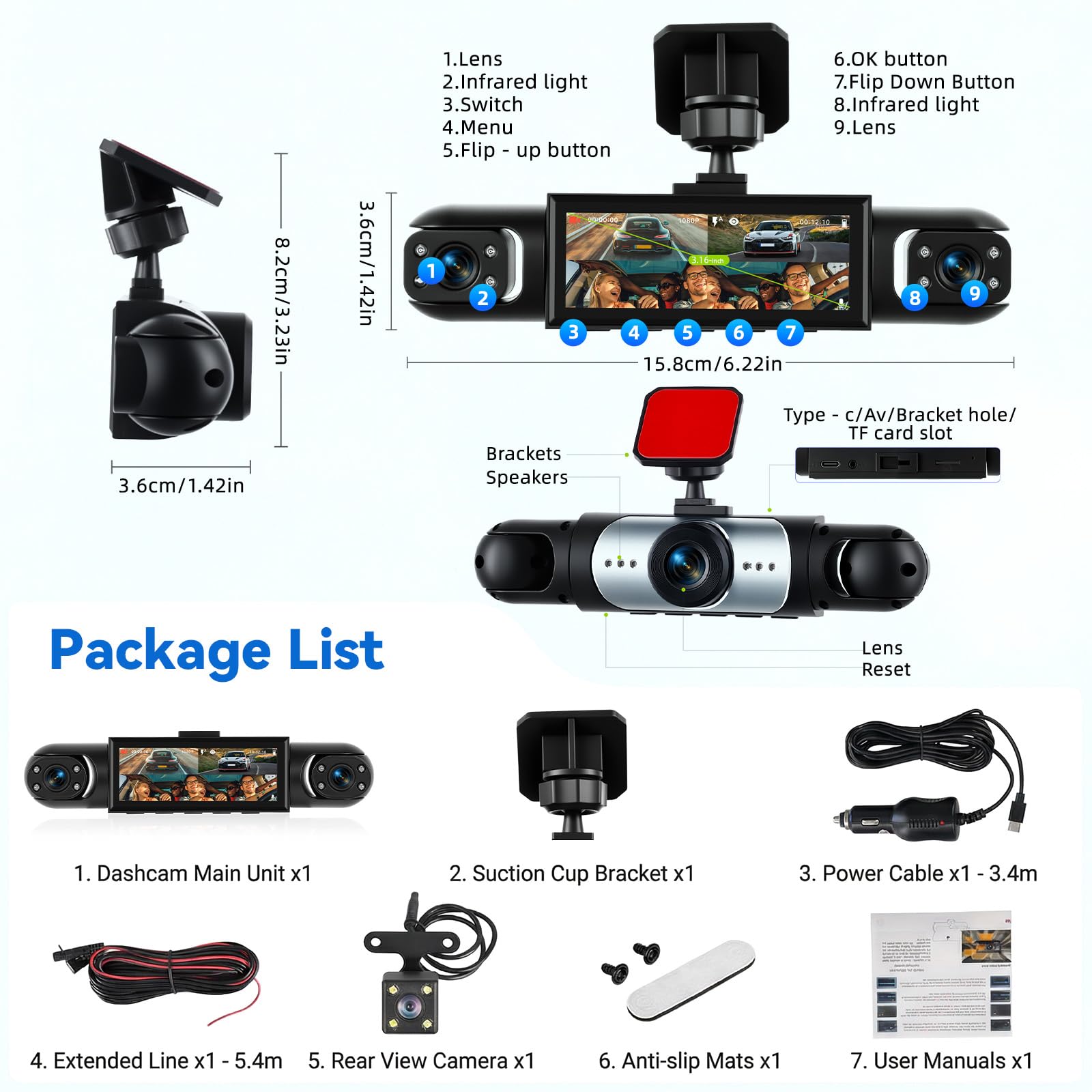 SIXTOP 3,16 Zoll Dash Cam 4-Kamera 1080P Full HD Dashcam mit 360° Rundumsicht - Inklusive Bewegungserkennung, Nachtsicht, Umkehren, 150° Weitwinkel & Loop Aufnahme Für PKW, LKW, Taxi