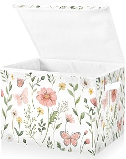 Butterfly Garden Fabric Storage Bin with Lid, Collapsible Basket with Handles, Shelf Cube Closet Organizer for Home and Bedroom