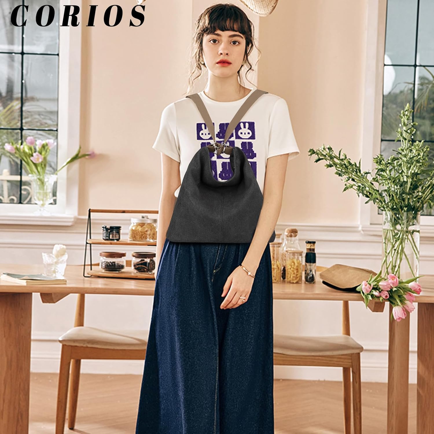 CORIOS Women Backpack Canvas Shoulder Bag Casual Daypacks Handbag Large Capacity Top Handle Bag Multifunction Tote Bag for Travel Shopping Work Daily Black