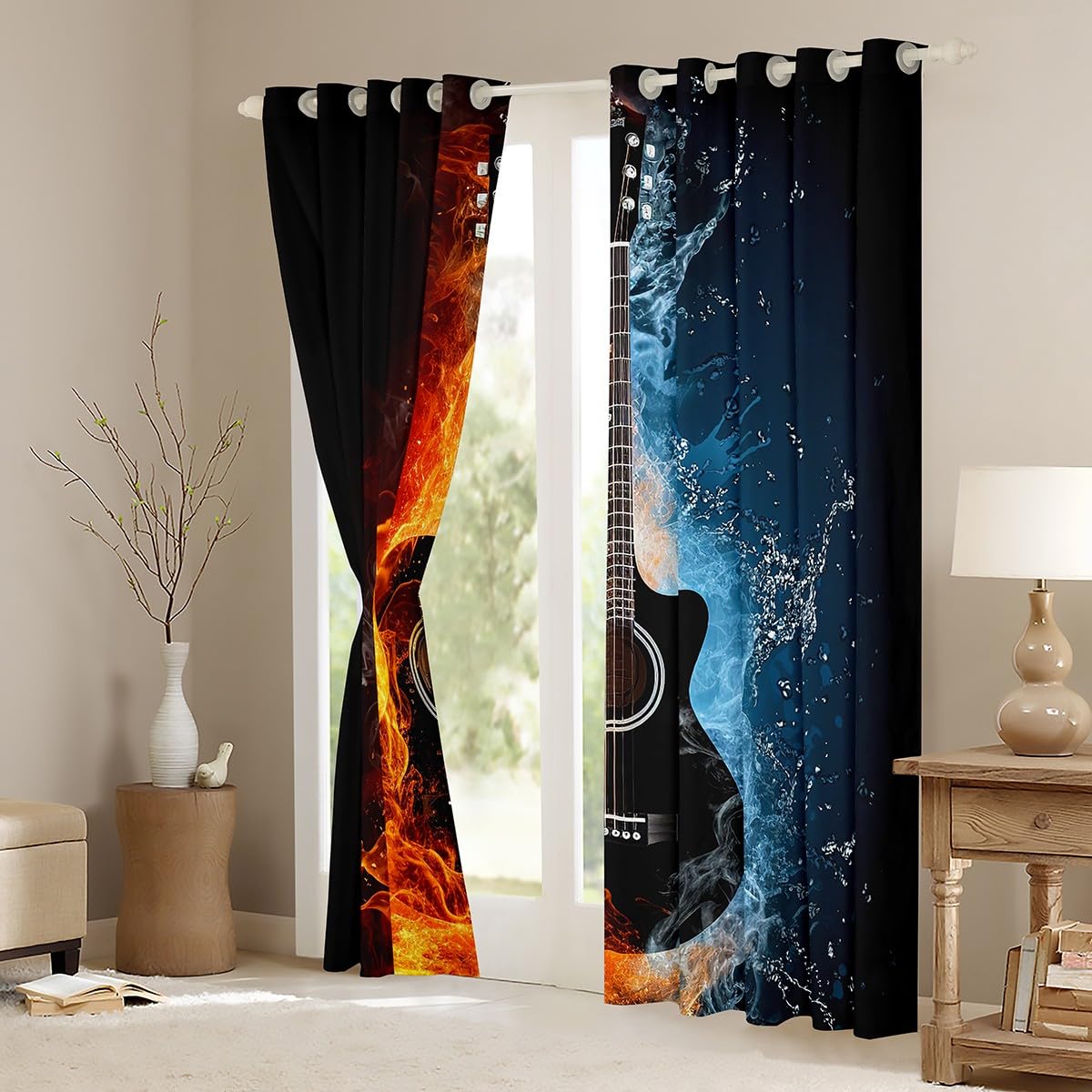 Loussiesd Guitar Curtains Fire Water Guitar Window Curtains for Bedroom Living Room Decor Rock Music Themed Window Drapes for Kids Boys Girls Musical Instrument W46*L72 - Image 3