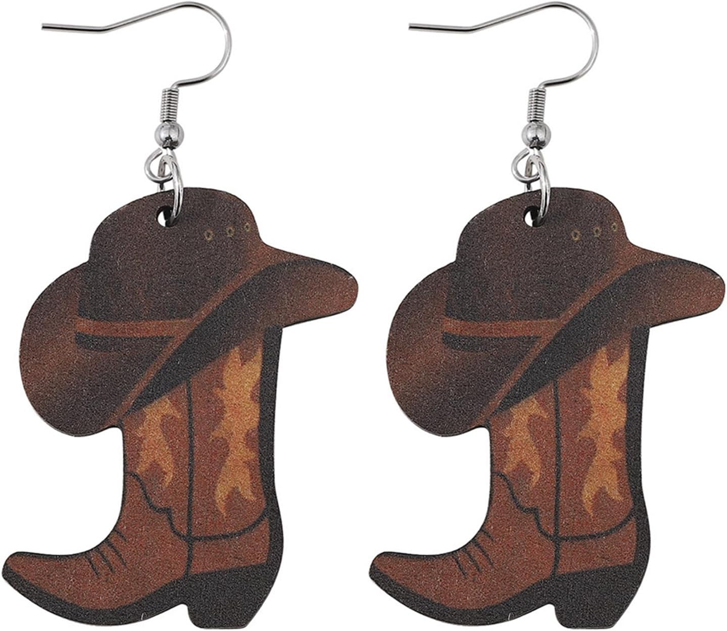 Cowgirl Cowboy Boot Hat Western Lightweight Wooden Double-sided Drop Dangle Earrings Country Concert Rodeo Cosplay Party Costume Cool Outfits Accessories for Women Jewelry
