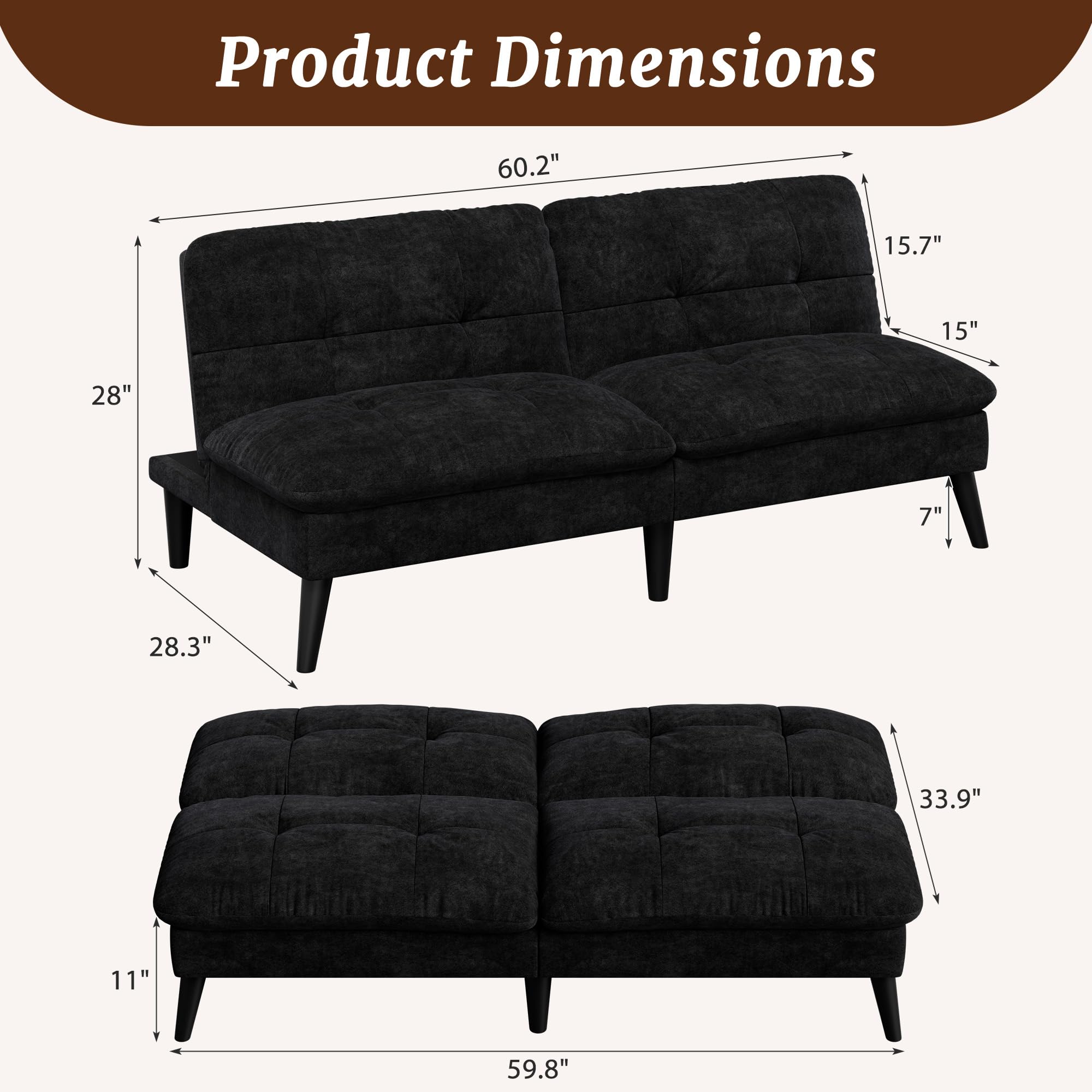Shintenchi Futon Sofa Bed, Foldable Small Velvet Couch Bed with Adjustable Recliner, Space Saving 2 in 1 Sofa for Living Room, Apartment, or Guest Room, Black