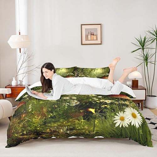 Miniatura 3 de Erosebridal Funda de edredón mágica de hongos, diseño de margaritas, hojas, ramas, puesta de sol, naturaleza, juego de ropa de cama estilo trippy