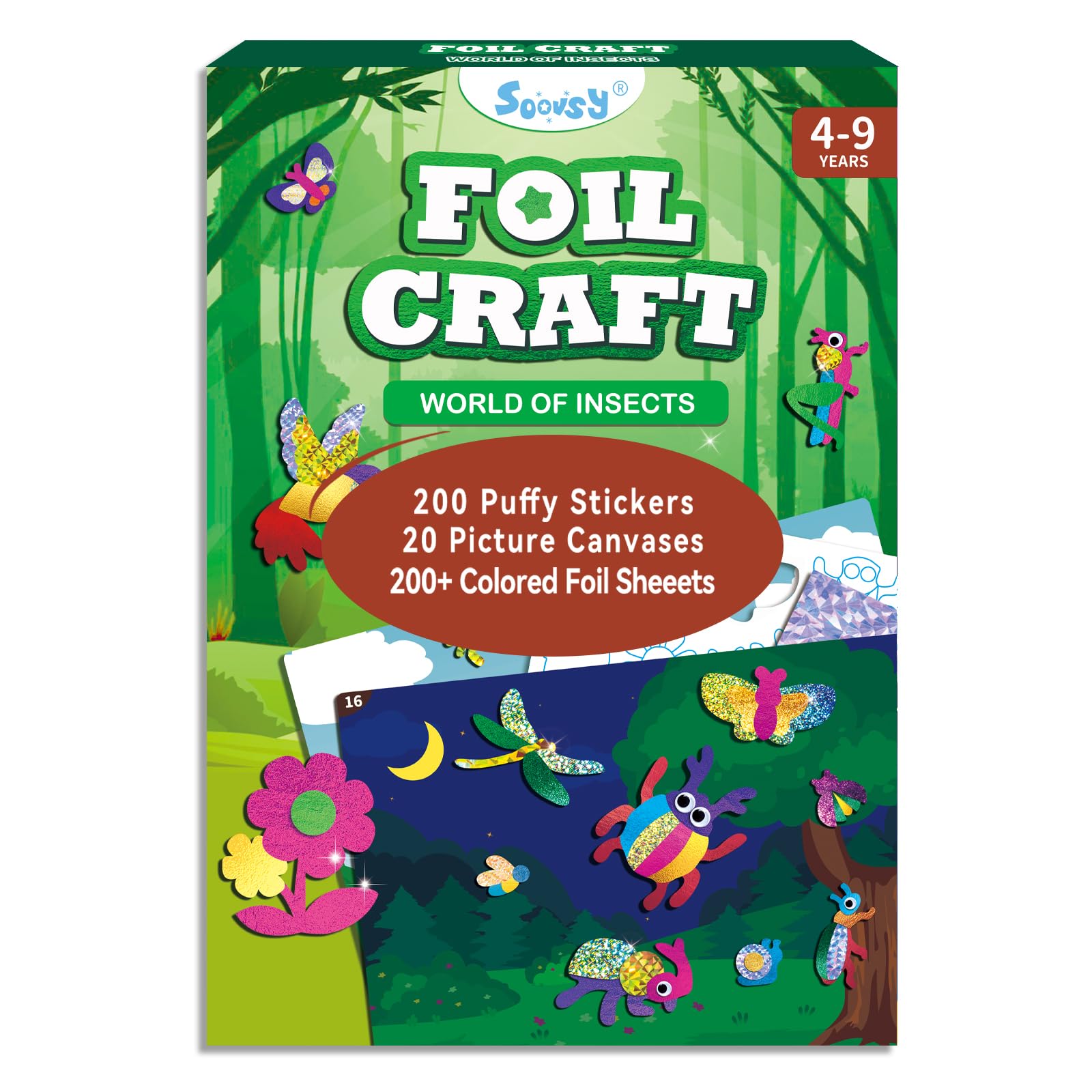 SOOVSY 200 Sheets Insect Foil Art Fun Kit for Kids, Foil Art for Kids Crafts Kit DIY Creative Activity Gift Travel Toys for 4 5 6 7 8 9 Years Old Kids Girls Boys (Insect)
