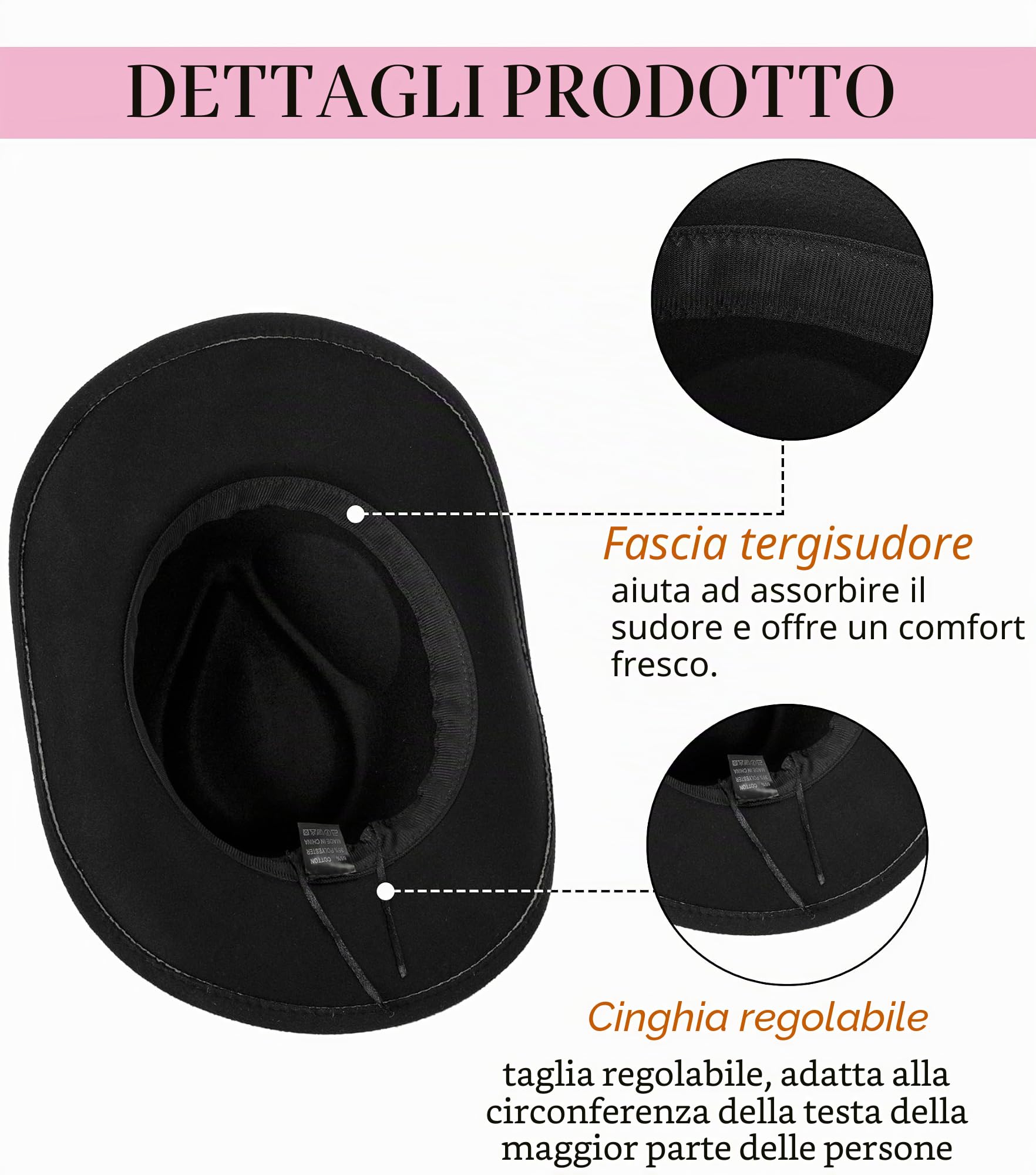 Cappello da cowboy occidentale classico per donne e uomini arrotolabile a tesa larga in feltro Fedora cappelli da cowgirl con fibbia per cintura, nero, M