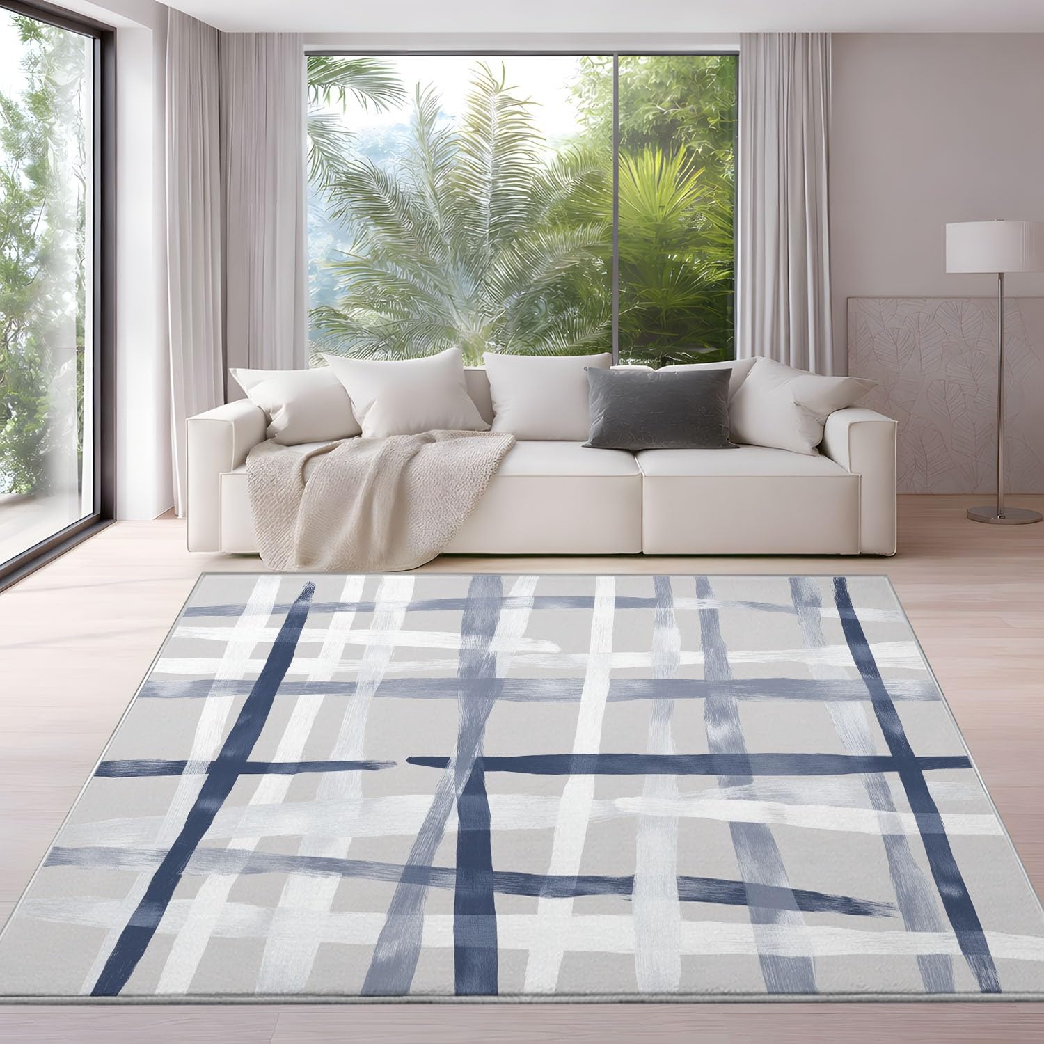 Alfombras Estampadas 120 x 180 cm, Patrón geométrico Abstracto Alfombra Antideslizantes Sombreado Cruzado cuadrícula Profundidad artística, Alfombras Lavables Despacho Pasillo, Gris Azul