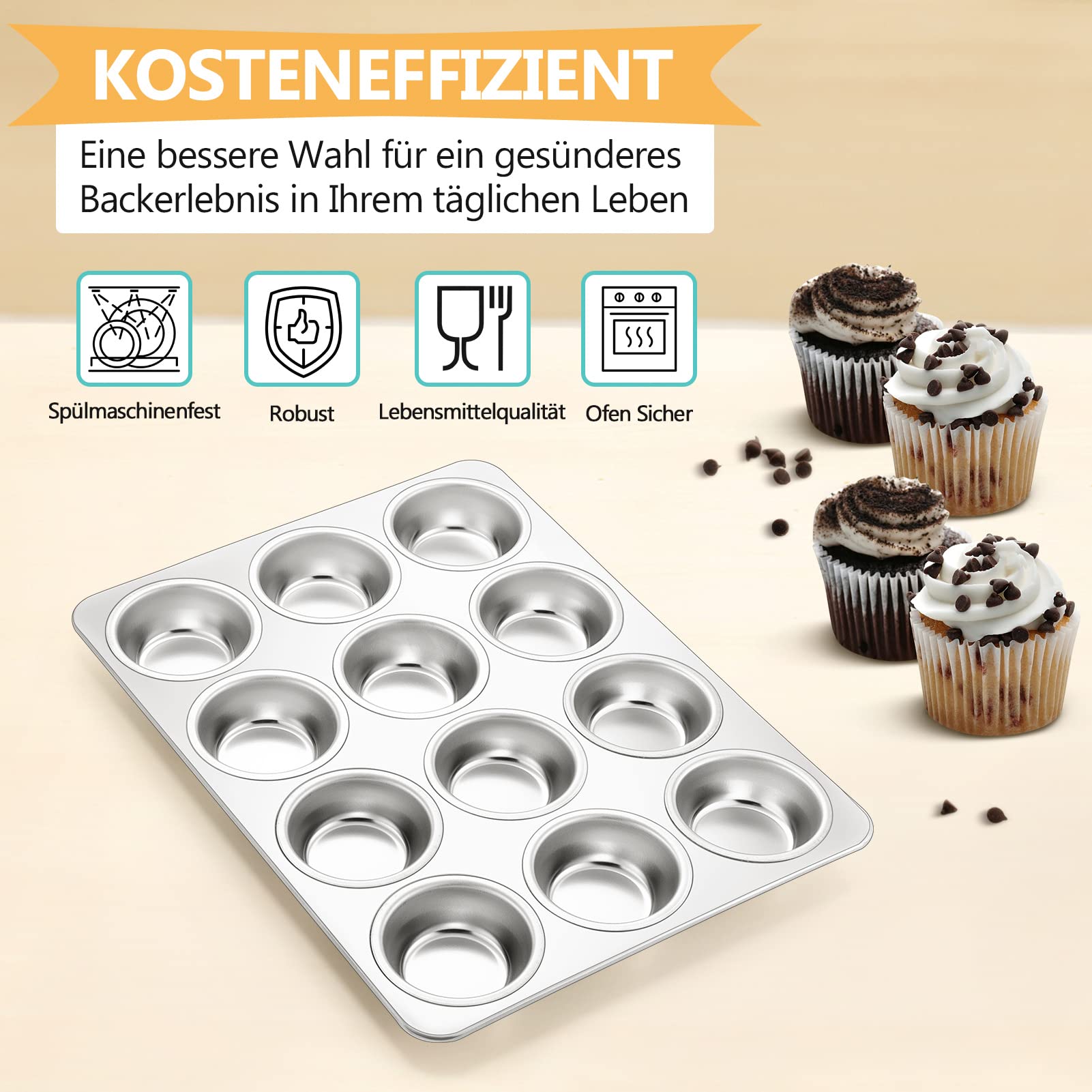 TEAMFAR Muffinvorm set van 2, roestvrij stalen muffinplaat voor