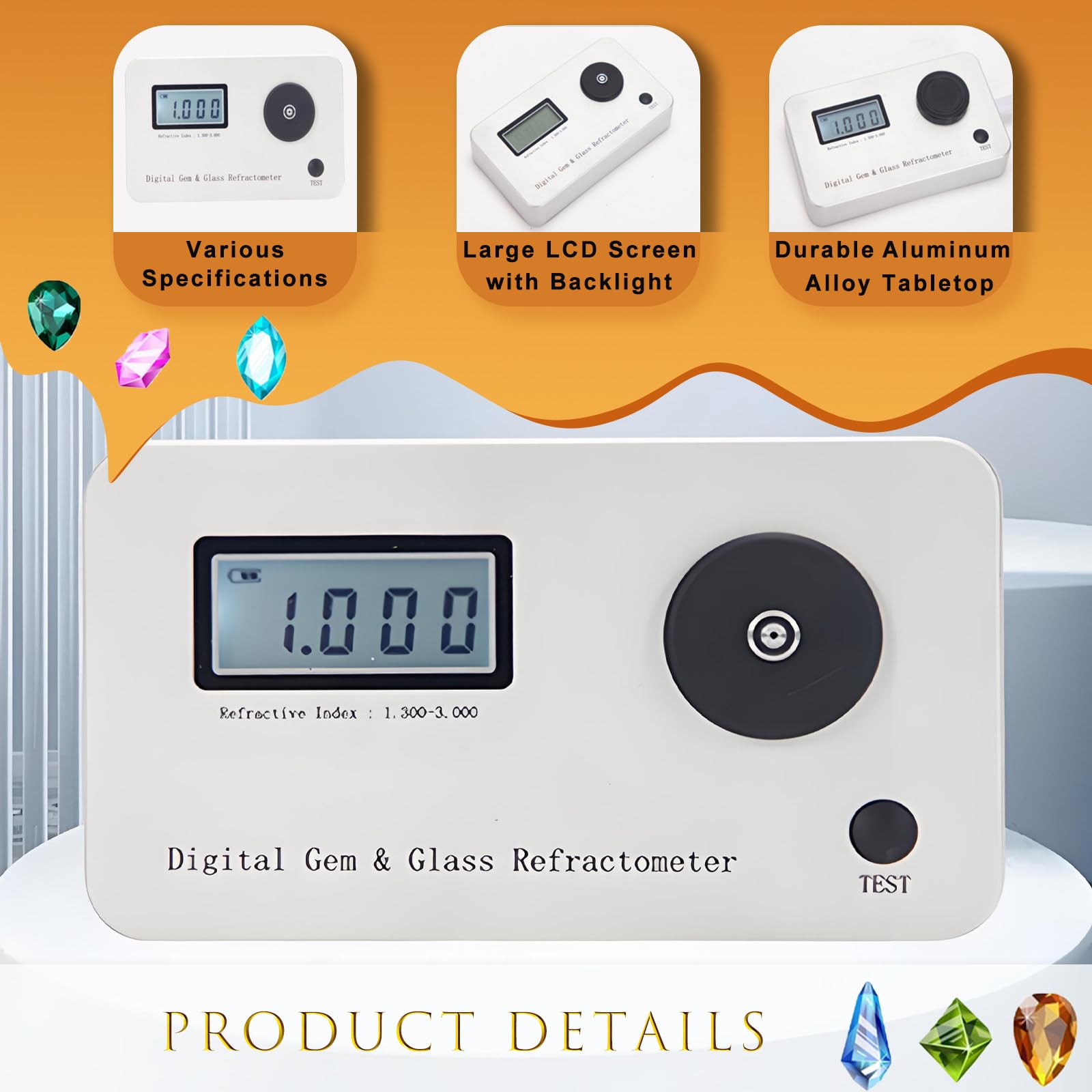 Refractómetro Profesional de Piedras Preciosas, Detector de Identificación de Joyas con Pantalla LCD, índice de Refracción de 1.300 a 3.000, para Joyería y Diamantes