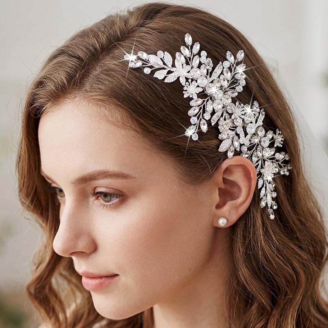 Rhinestone Wedding Hair Comb Gold Floral Bridal Hair Piece Crystal Hair Accessories for Women (Silver)