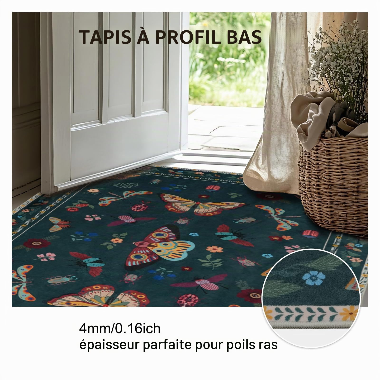 MOSISO Tapis 121 x 182 cm pour Salon, Doux Antidérapant, Vintage Papillons & Insectes Fausse Laine Faible Mèches, Lavable Rectangulaire, pour Salon/Chambre/Salle à Manger,Vert