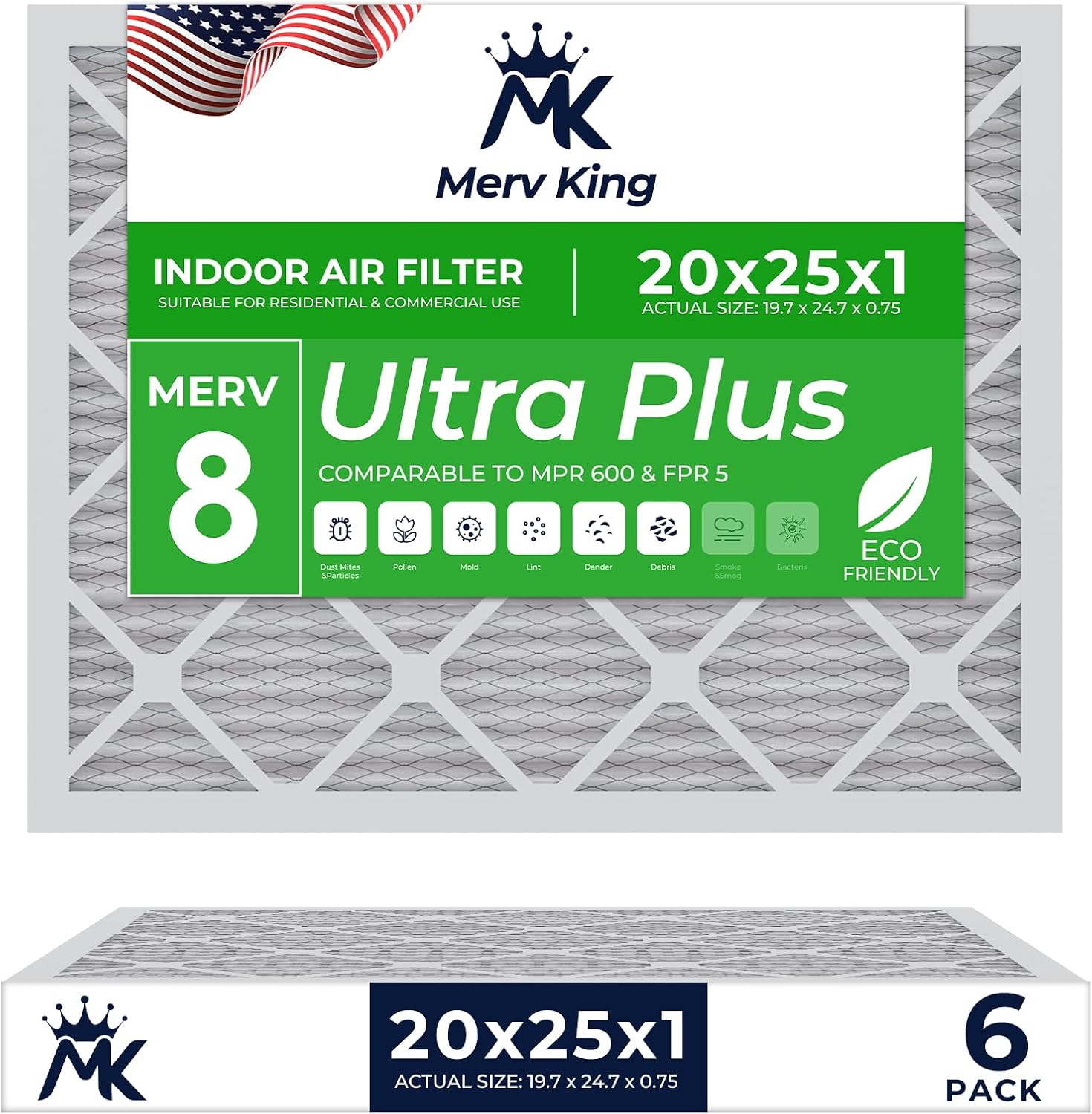 MervKing 20x25x1 Air Filter Actual Size: 19.7" x 24.7" x 0.75" MERV 8 MPR 600-700 | MADE IN USA | 6-Pack | Pleated HVAC AC Furnace Replacement