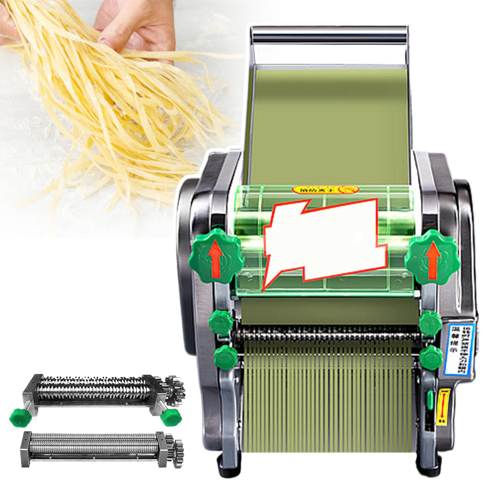 Máquina para hacer pasta eléctrica, máquina automática para hacer fideos, prensadora de masa comercial 2 en 1 con molde de doble uso 3 mm y 9 mm y molde redondo de 1,8 mm, grosor ajustable