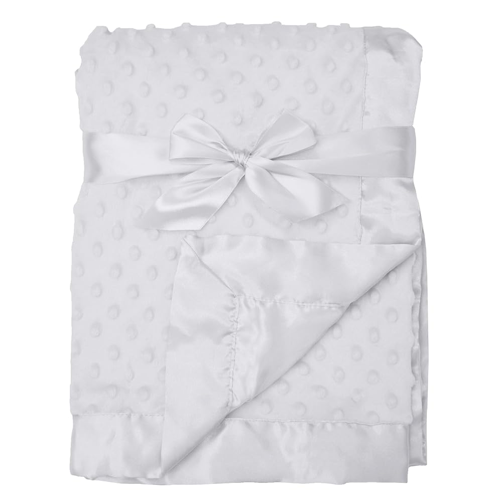 American Baby Company Heavenly Soft Chenille Receiving Blanket, 2-Layer Design with Minky Dot & Silky Satin, White, 30 x 40 for Boys and Girls