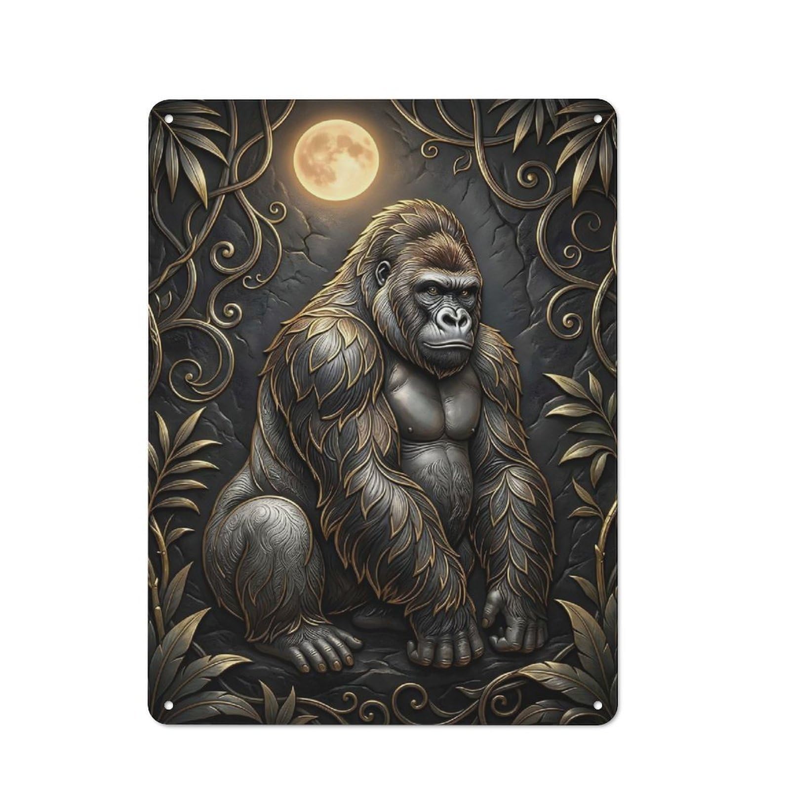 Junmoney Style-19 Tin Wall Plaque 40X30cm With Majestic Gorilla With Golden Accents For Home Office Or Studio, New Home Wall Decor For Home Office Decor Fans