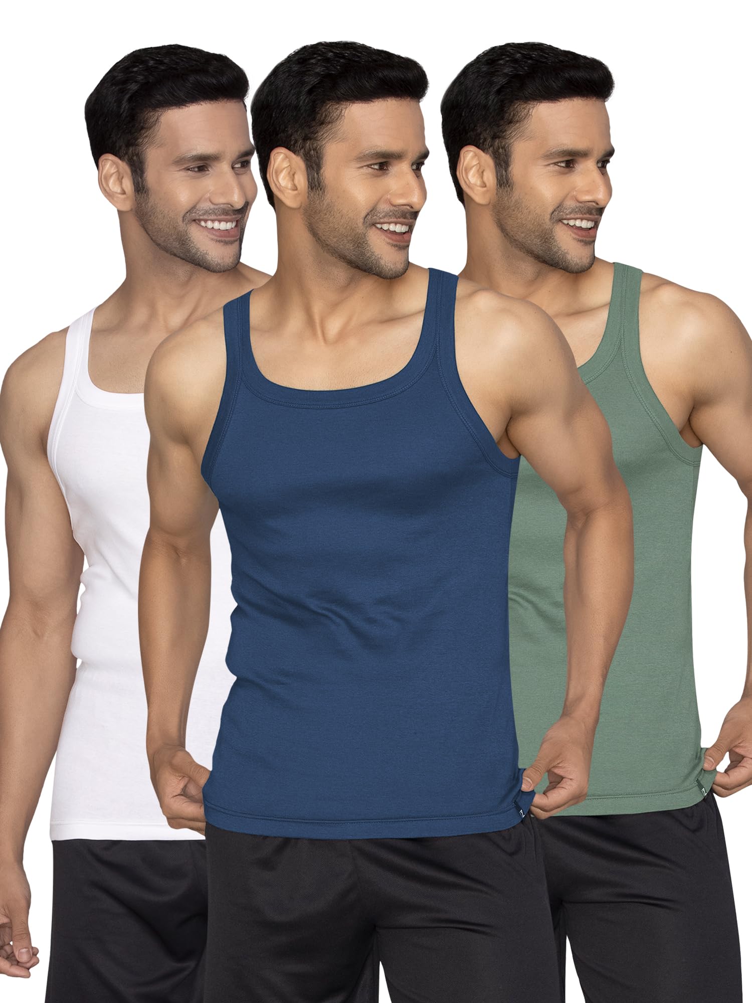 xyxx Men's Pace Regular Fit Super Combed Cotton Square Neck Vest |Midnight Blue + Polar White + Olive Green|M-picture-27