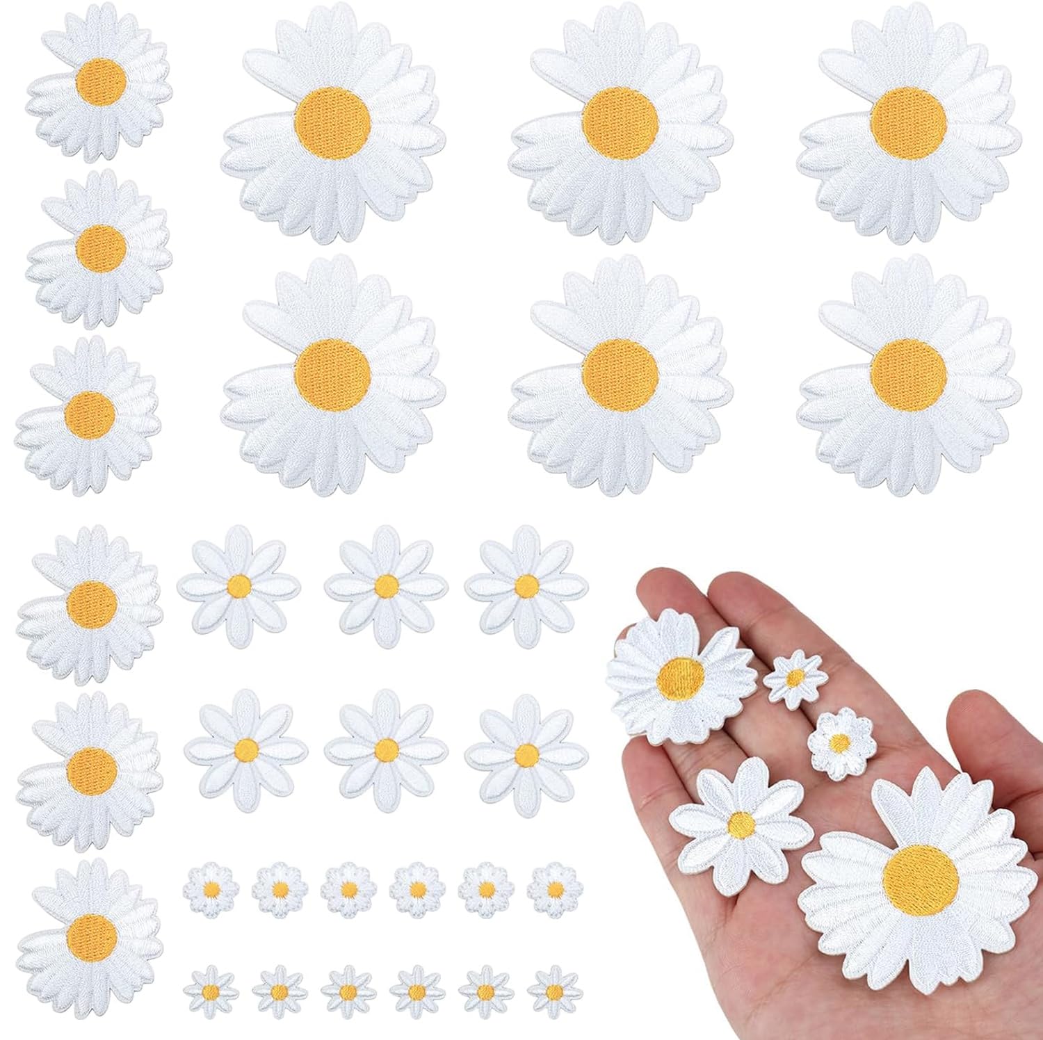 Lot De 40 écussons Thermocollants Marguerites - DIY Déco Vêtements, Jean, Sac, Blanc Et Jaune, Polyester+coton