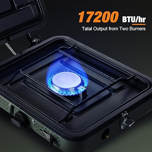Miniatura 5 de Estufa de camping de propano de 2 quemadores, estufa de gas plegable portátil para acampar con 17200 BTU, dos quemadores ajustables con mango de