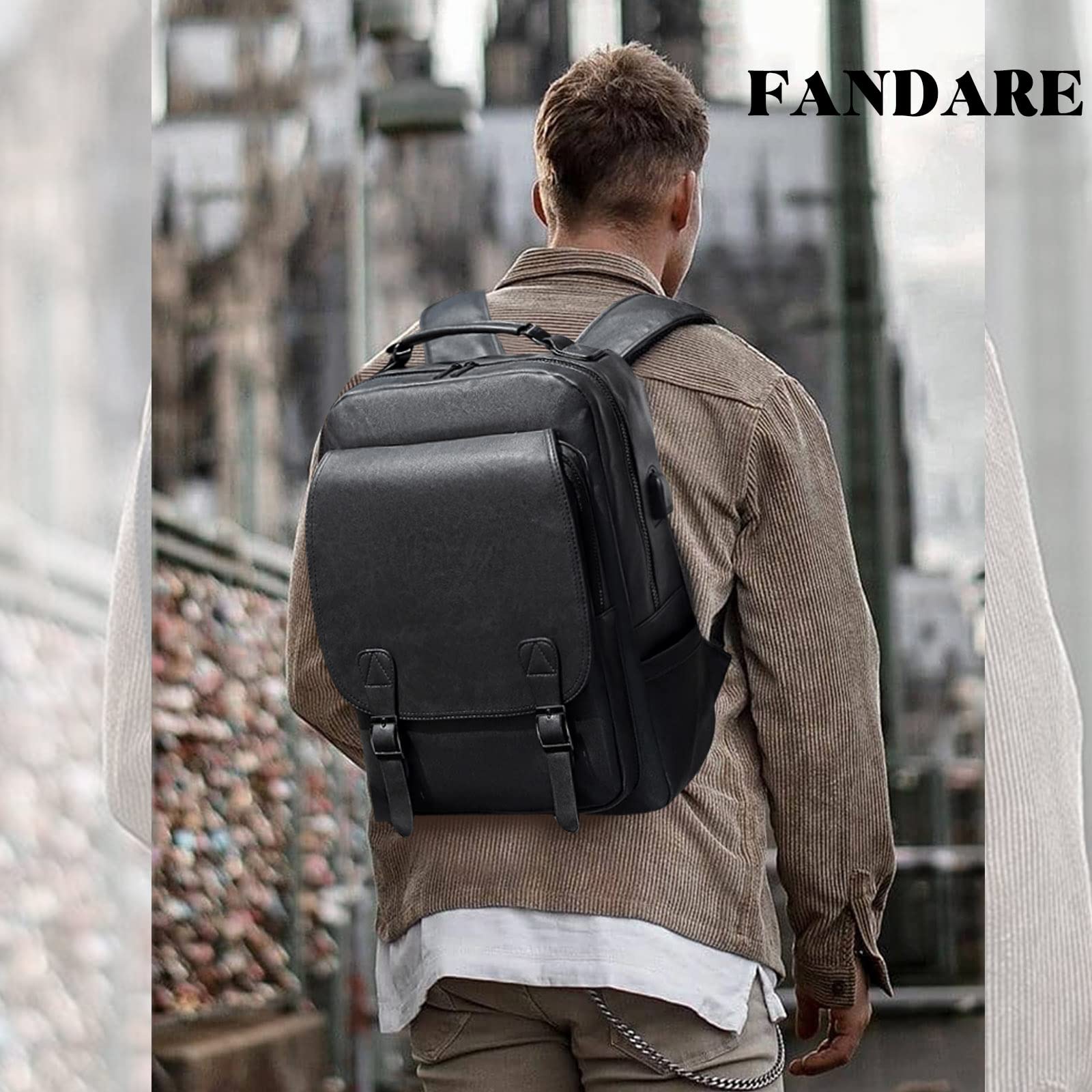FANDARE Laptop Backpack School Bag Daypacks Travel Large Backpack with USB Charging Port College Computer Bag Bookbag for Women Men Travel Commuter Waterproof PU Rucksack Black - Image 2