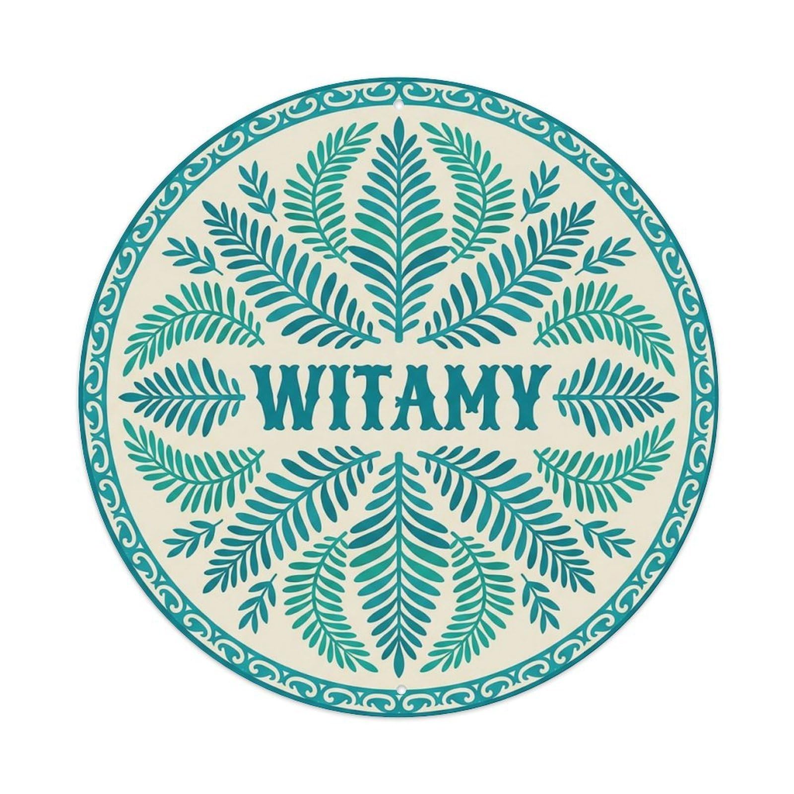 Vintage Polish Folk Art Witamy Welcome Turquoise Fern Metal Tin Sign