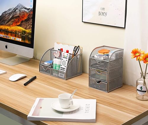 Miniatura 4 de PAG organizador de escritorio de malla para artículos de oficina, soporte para bolígrafos y accesorios, con cajón
