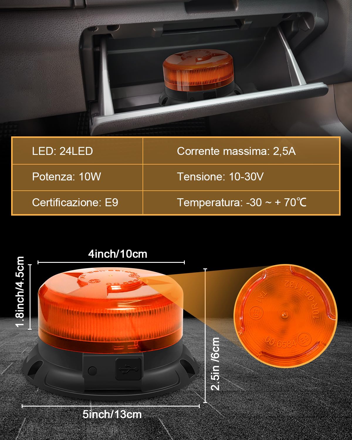 Dinfu 2 x lampeggiante arancione a batteria lampeggiante led senza fili | 12V-24V Faro rotante a LED batteria con magnetico, Cavo USB e accendisigari e 9 modalità per auto trattore UTV SUV J-eep