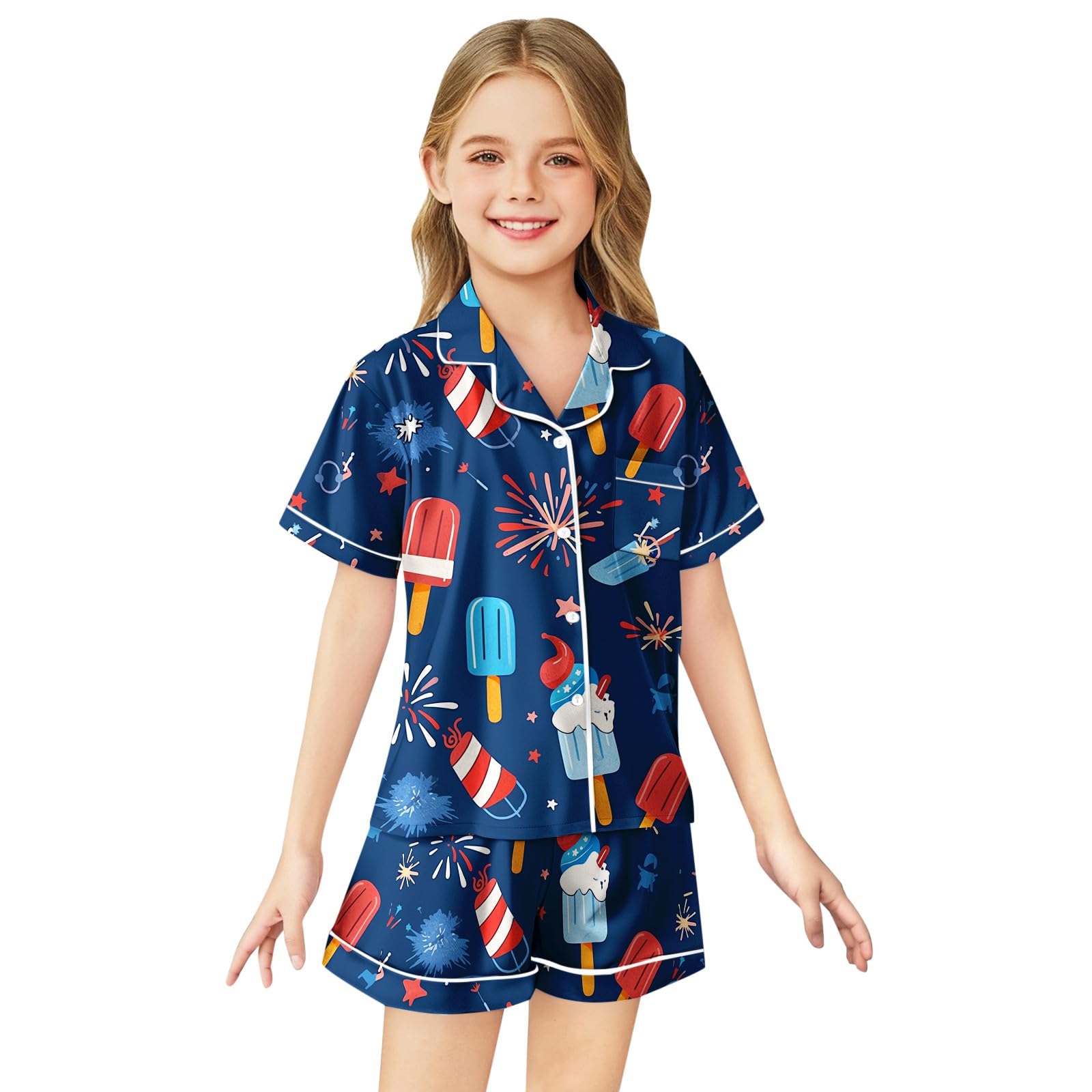 Pijama de satén infantil con acabado de lujo conjunto corto del 4 de Julio #25 4