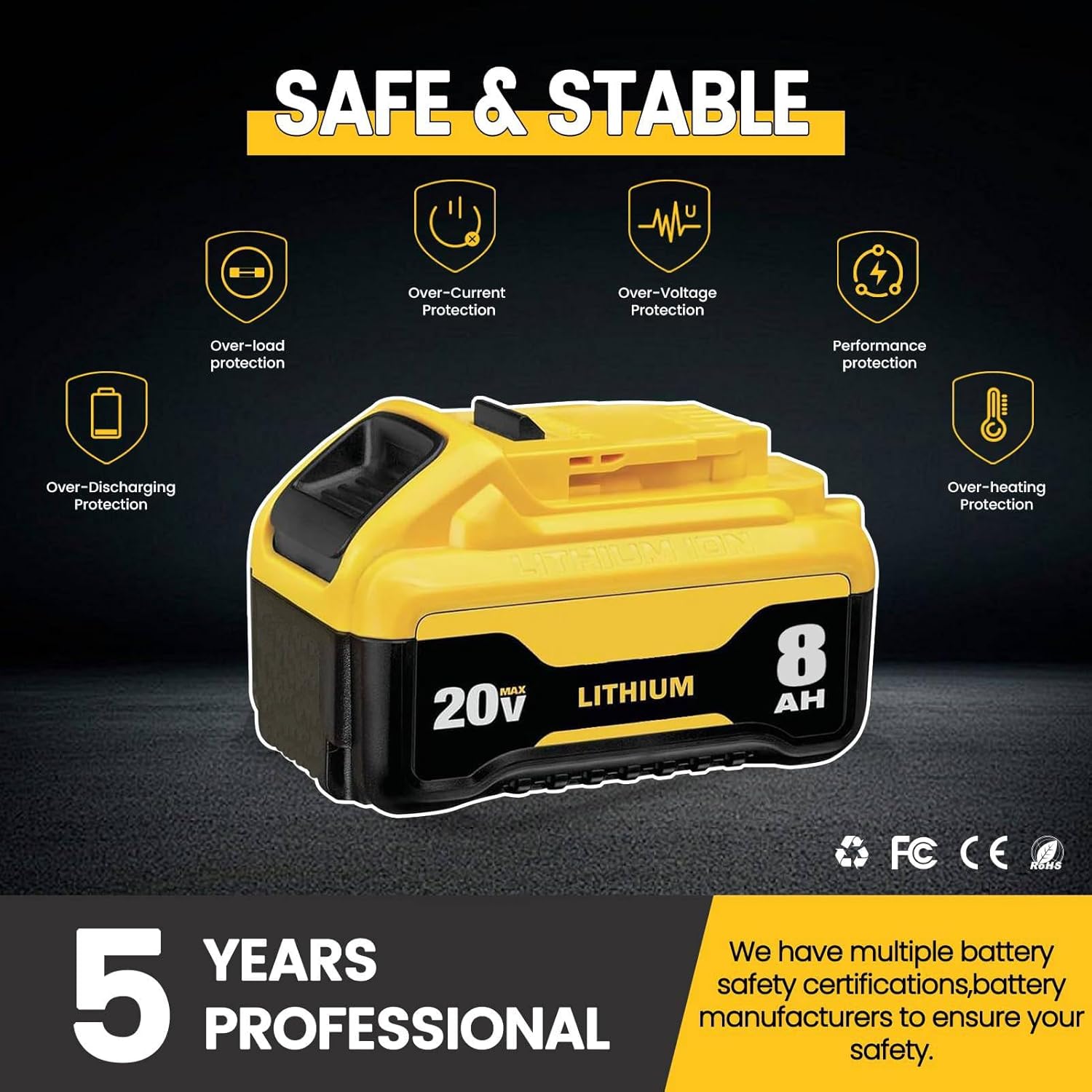 2Pack 8000mAh DCB200 Lithium-ion Battery Replacement for dewalt 20v Battery DCB200 DCB201 DCB203 DCB204 DCB206 DCB180 Compatible with Dewalt 20v Max Cordless Tools and Chargers with LED Indicator