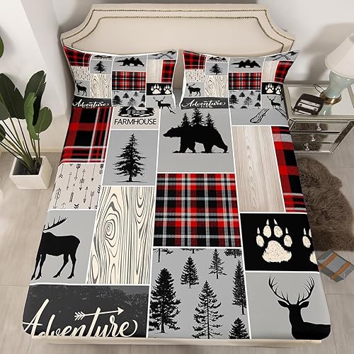 Miniatura 106 de Sábana bajera ajustable de oso de caza, juego de ropa de cama a cuadros de búfalo, sábanas de retazos de cabaña rústica para niños, niños, Multi