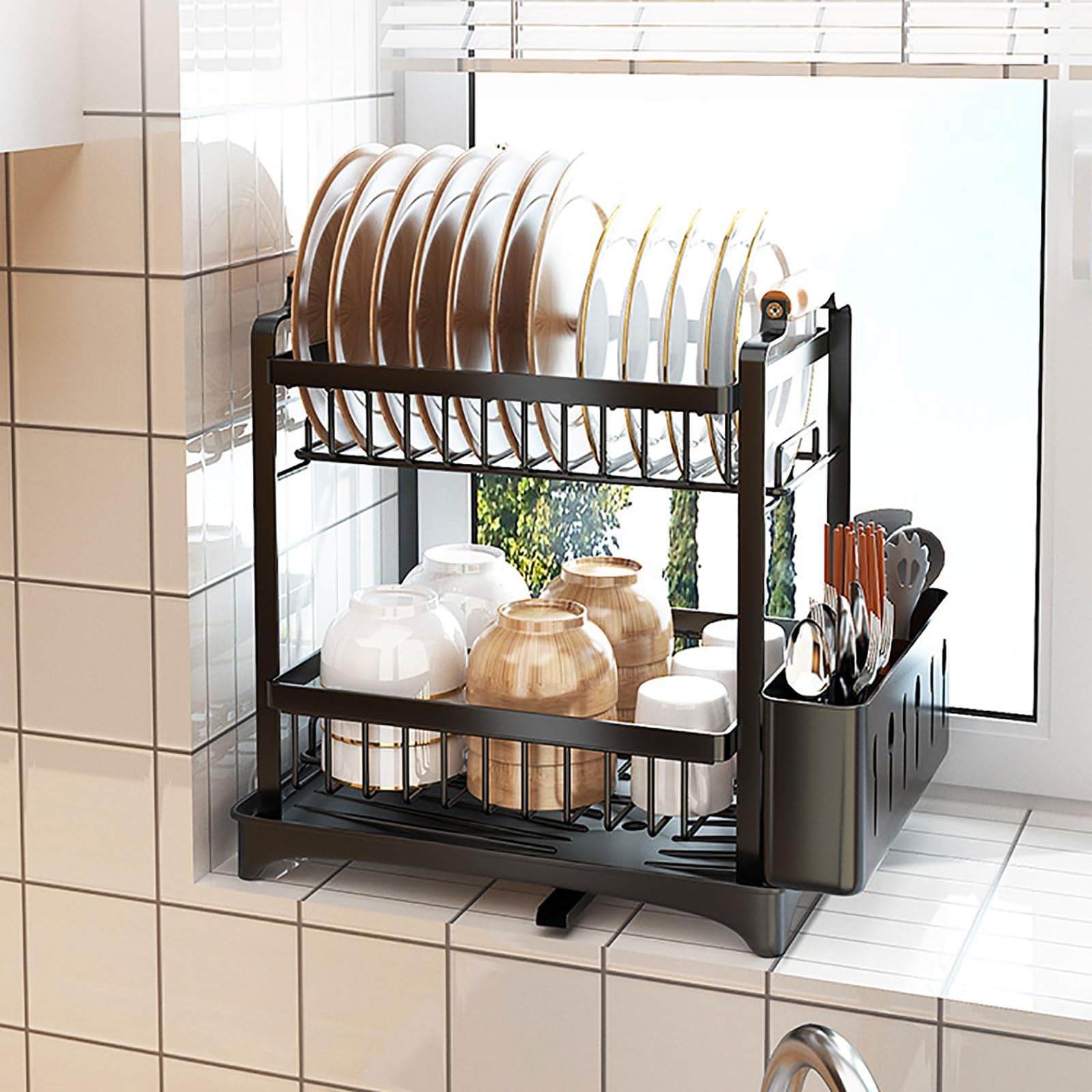Escurridor de Platos Ahorra Espacio Escurridor de Platos 2 Niveles con Bandeja Recogegotas y Portacubiertos Secador Boquilla Giratoria 360° Multifuncional Organizador Cocina Fregadero