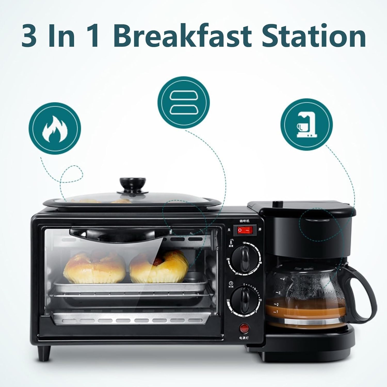 3 In 1 Breakfast Station Family Size Multifunction Toaster Mini Oven 30min Timer Heat Selector Mode Stainless Coffee Maker For Making Coffee, Sandwiches, Cake