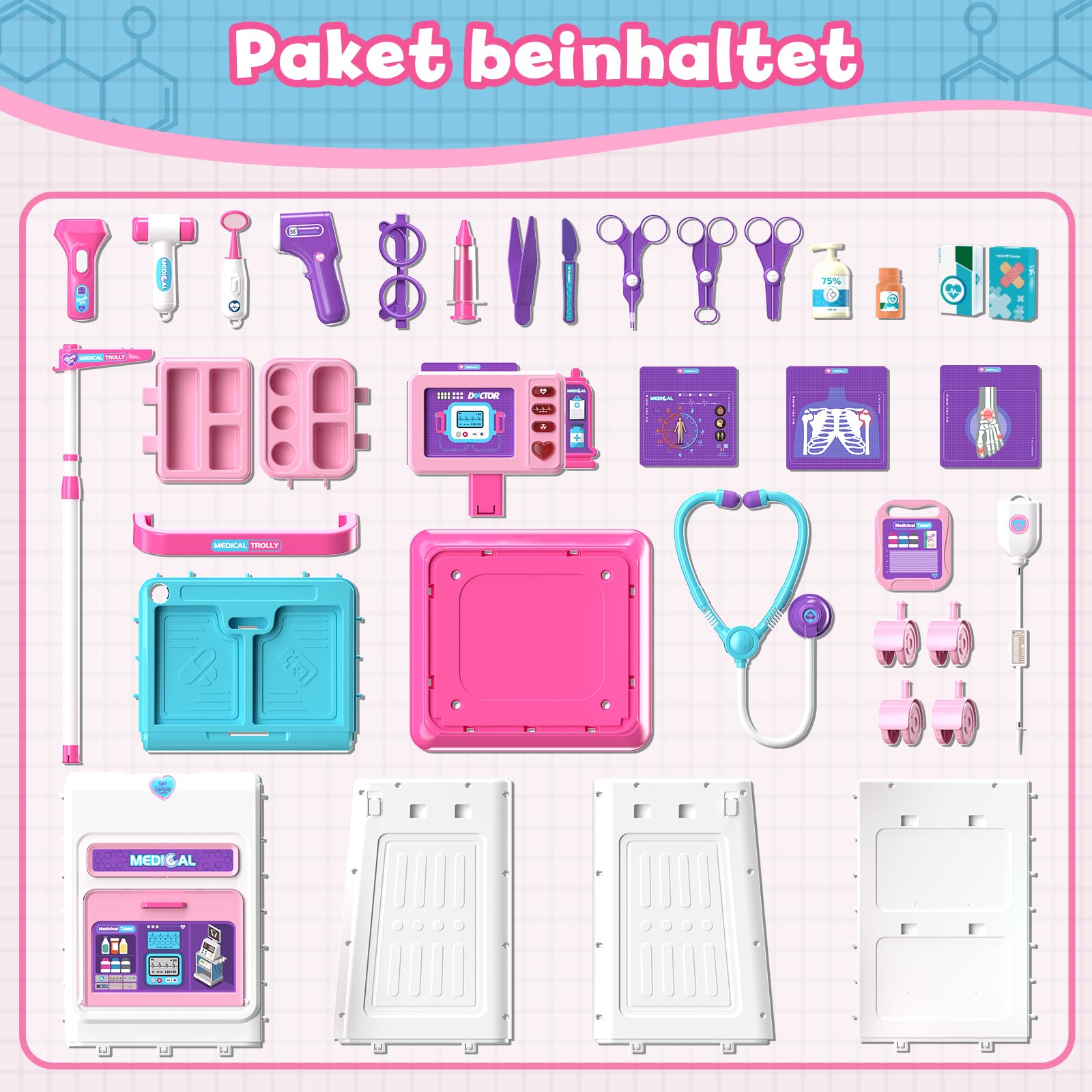 Lehoo Castle Arztkoffer Kinder, Arztwagen mit Ton & Licht, Doktorkoffer Kinder, Arztkoffer mit Stethoskop, Spielzeug ab 3 Jahre, Mädchen Geschenke 3 Jahre Medizinischer Kinderwagen(Rosa)