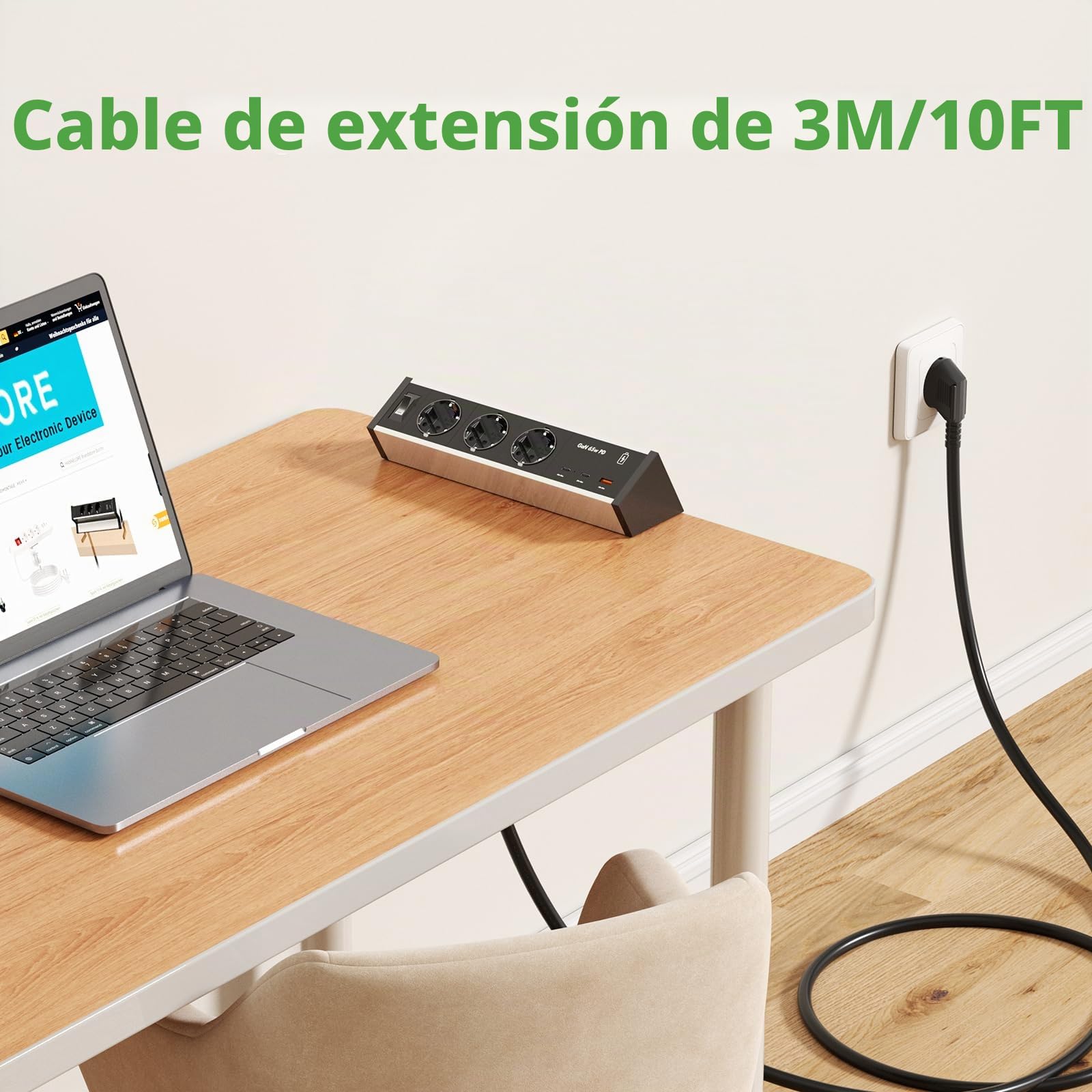 Enchufe de Mesa de Aluminio con 3 enchufes con 2 USB C GAN PD de 65 W y Cable de 3 m, regleta de enchufes para Escritorio con Interruptor, para casa, Oficina, Color Plateado y Negro