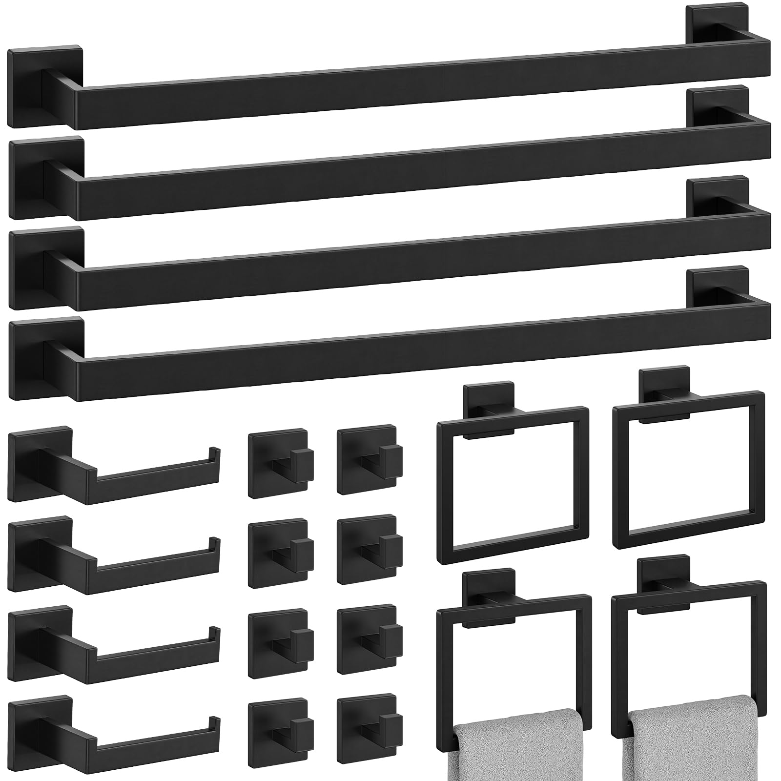 20-Pieces Matte Black Bathroom Accessories Set, 24 Inch Bathroom Hardware Set, SUS304 Stainless Steel Bath Towel Bar Set, Towel Racks for Bathroom Wall Mounted, Modern Bathroom Decor