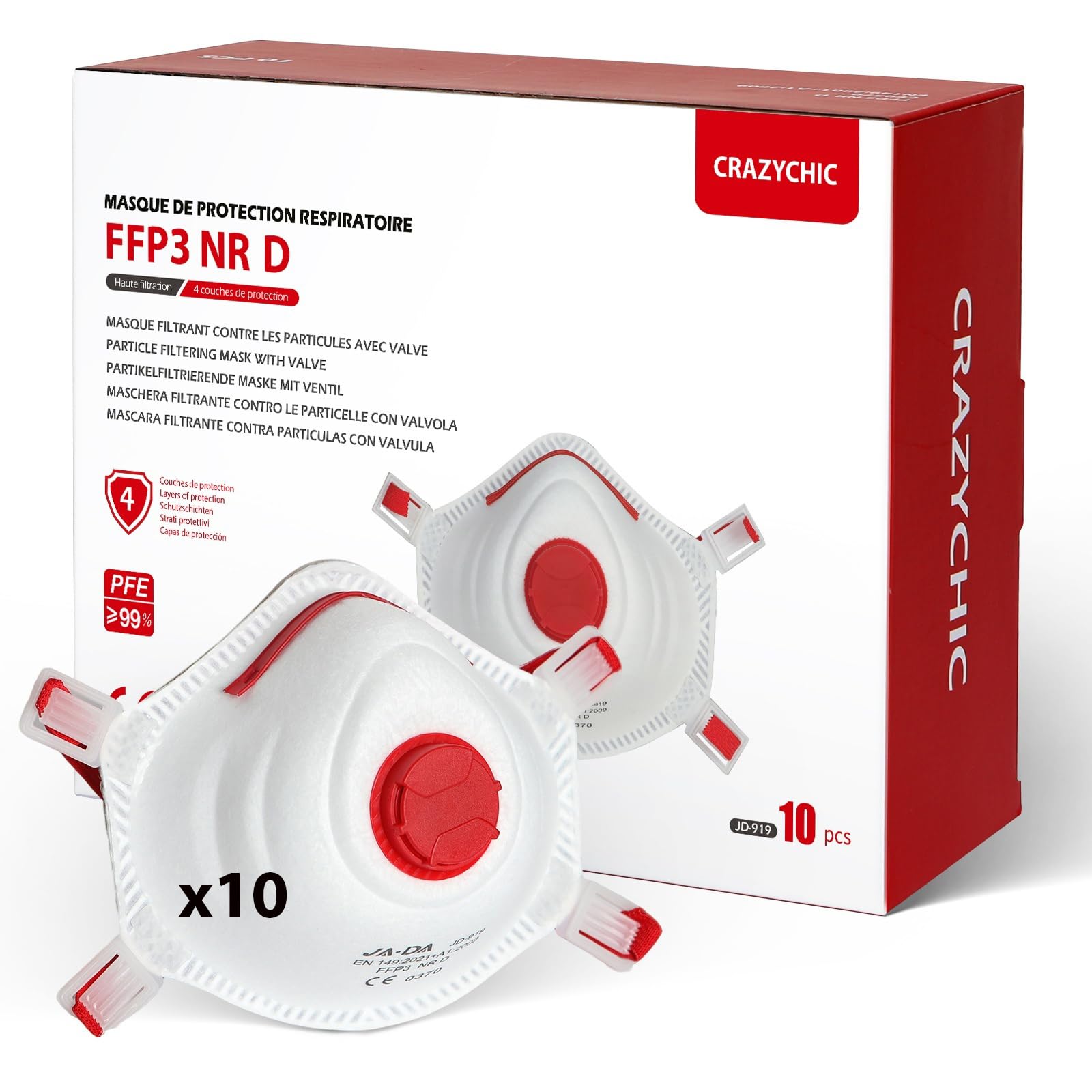CRAZYCHIC - Masque FFP3 NR D - Masque Coque Anti Poussière avec Valve Norme CE EN149 - Protection Respiratoire Pollution Fumée - Masque Travaux Peinture Chantier Industrie Chimie