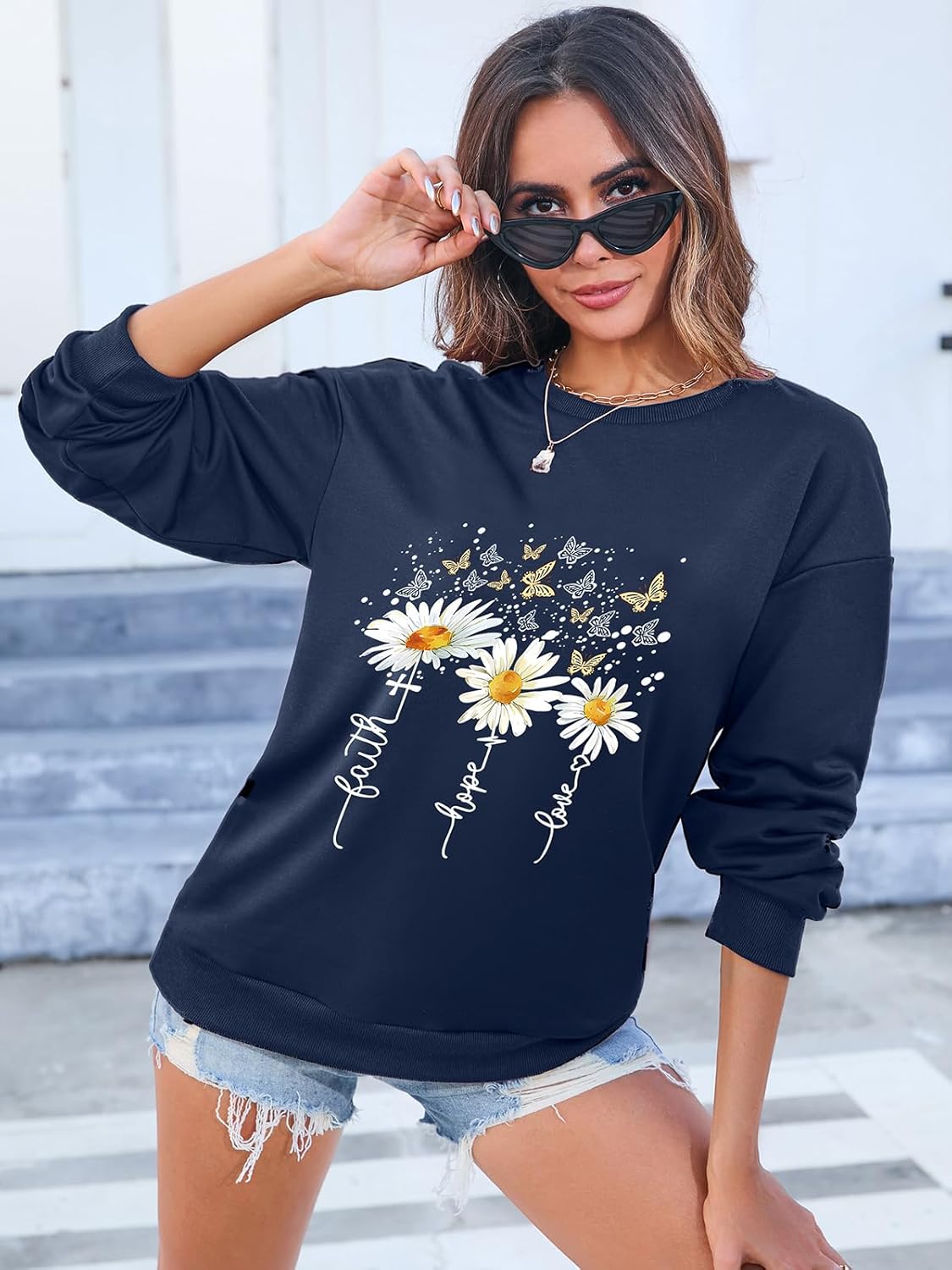 Women’s Christian Sweatshirts,Faith Hope Love Daisy Print Crewneck Long Sleeve Casual Loose Fit Sweatshirt - Image 6