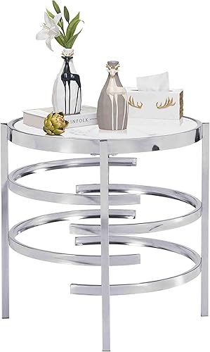 Miniatura 4 de Mesa auxiliar redonda moderna con parte superior de piedra sinterizada, elegante mesa auxiliar de sofá con marco de metal irregular, mesa de centro