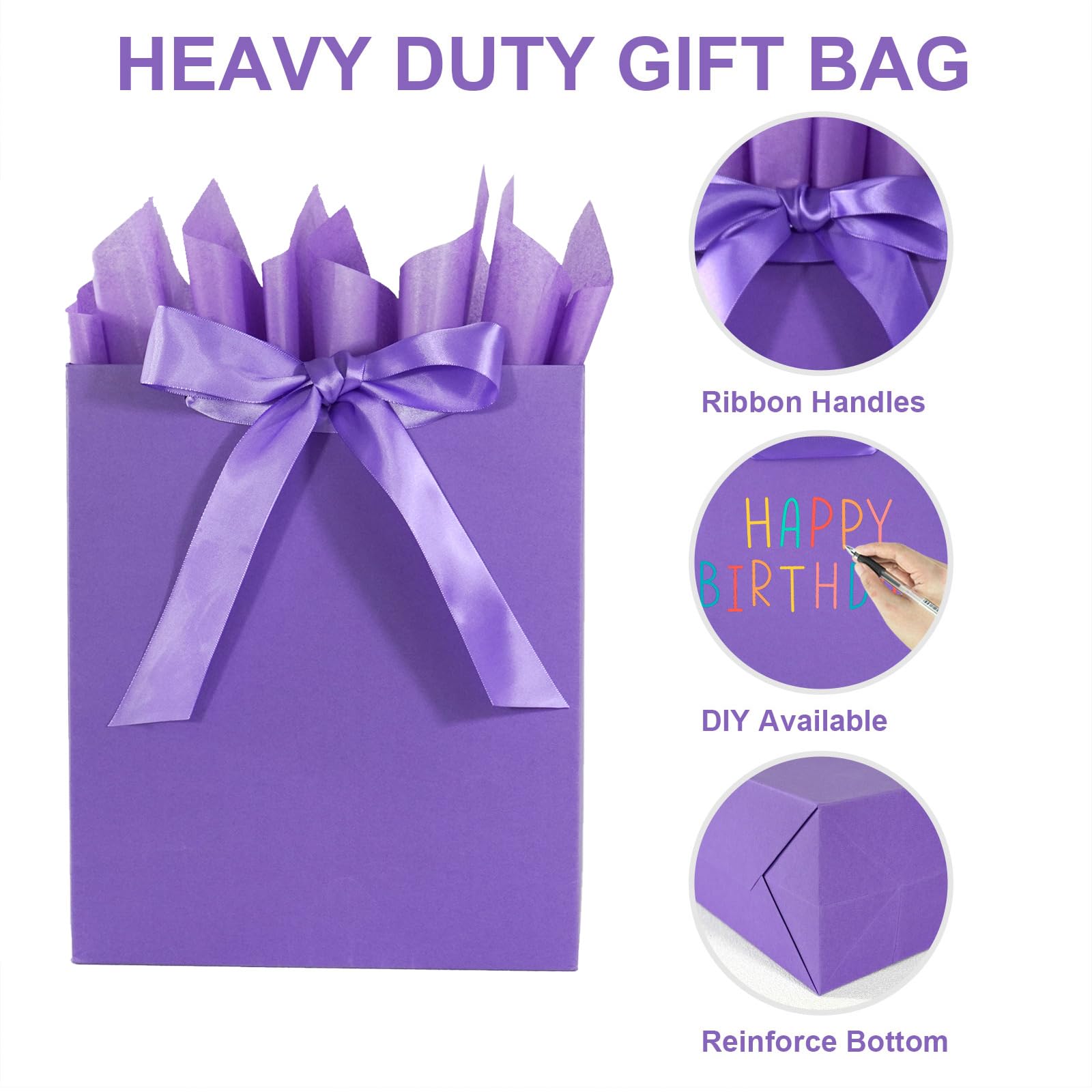 Elegant Purple Gift Bag 10.2"x4.7"x12.2" with Ribbons Handles, Includes Card and Tissue Papers for Weddings, Birthdays, Baby Shower, Parties, Holidays