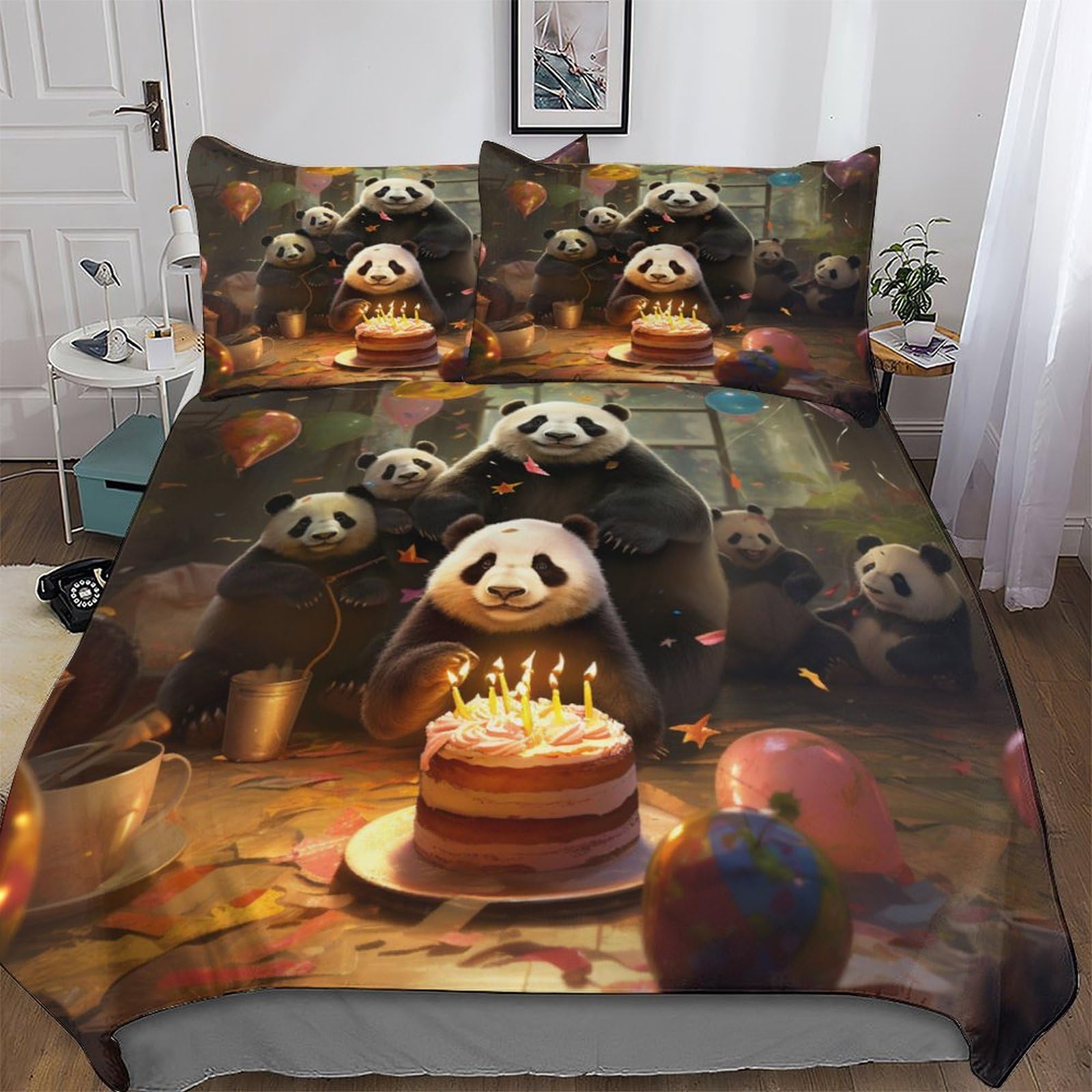 Parure de lit panda avec housse de couette king 220x240cm et taies